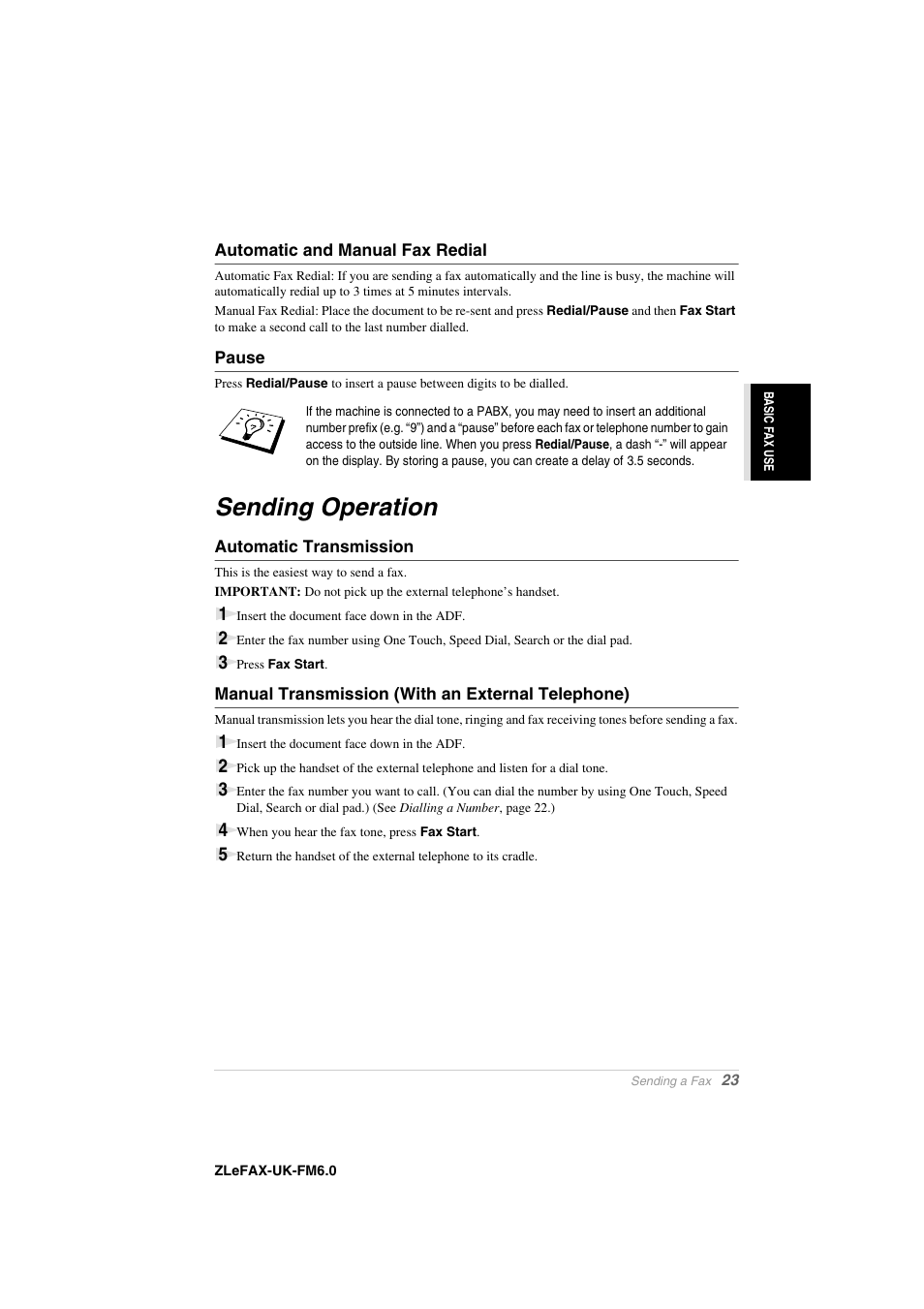 Automatic and manual fax redial, Pause, Sending operation | Automatic transmission, Manual transmission (with an external telephone) | Brother FAX-8360P User Manual | Page 31 / 112