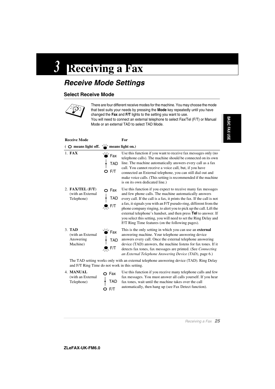 3 receiving a fax, Receive mode settings, Select receive mode | Chapter 3, Receiving a fax | Brother FAX-8360P User Manual | Page 33 / 112