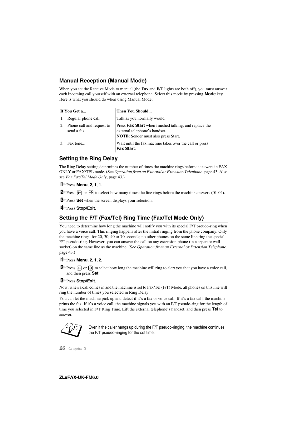 Manual reception (manual mode), Setting the ring delay | Brother FAX-8360P User Manual | Page 34 / 112