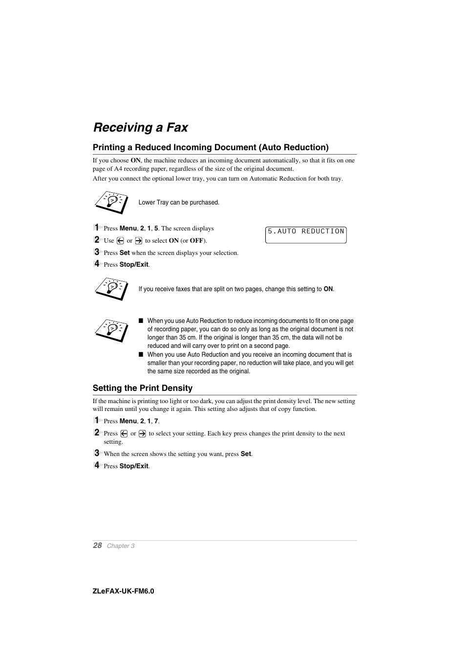 Receiving a fax, Setting the print density | Brother FAX-8360P User Manual | Page 36 / 112