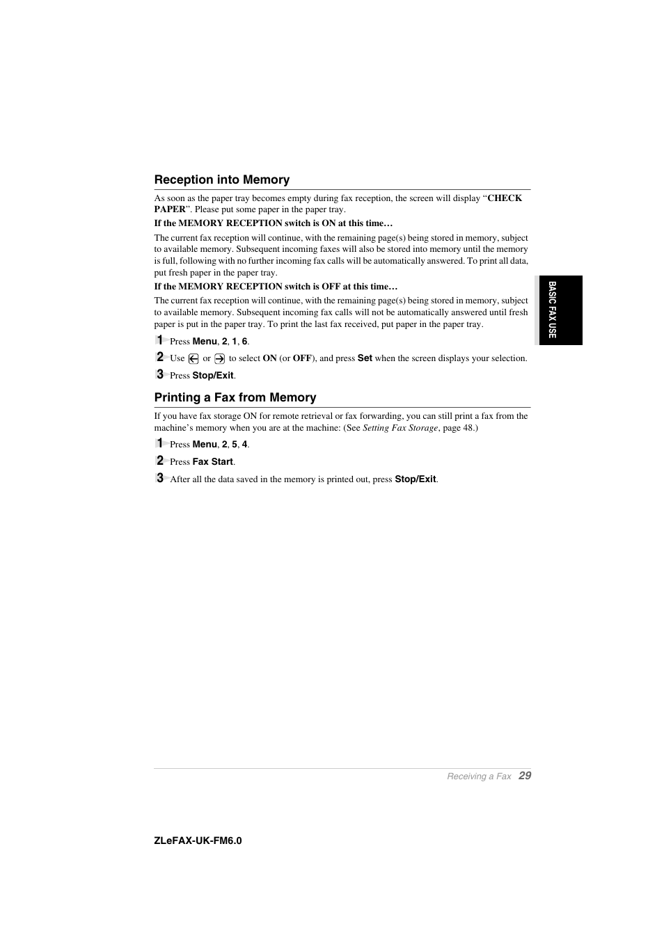 Reception into memory, Printing a fax from memory | Brother FAX-8360P User Manual | Page 37 / 112