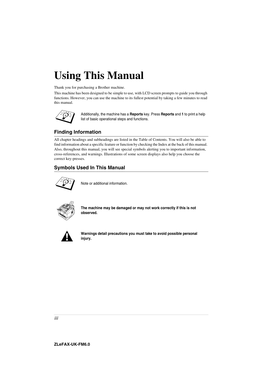 Using this manual, Finding information, Symbols used in this manual | Brother FAX-8360P User Manual | Page 4 / 112