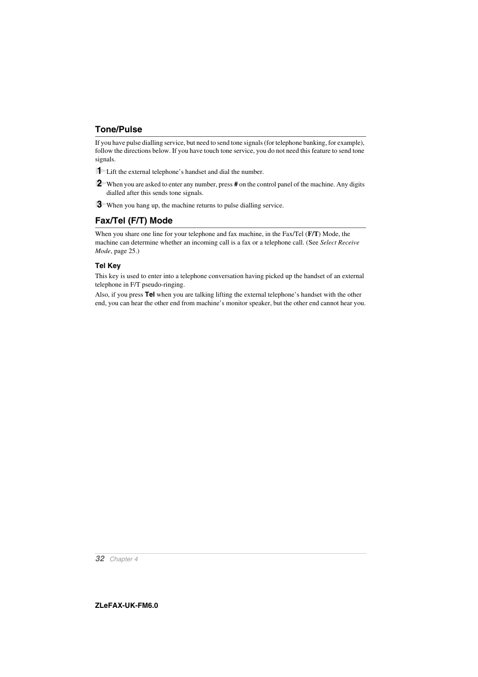 Tone/pulse, Fax/tel (f/t) mode, Tel key | Brother FAX-8360P User Manual | Page 40 / 112