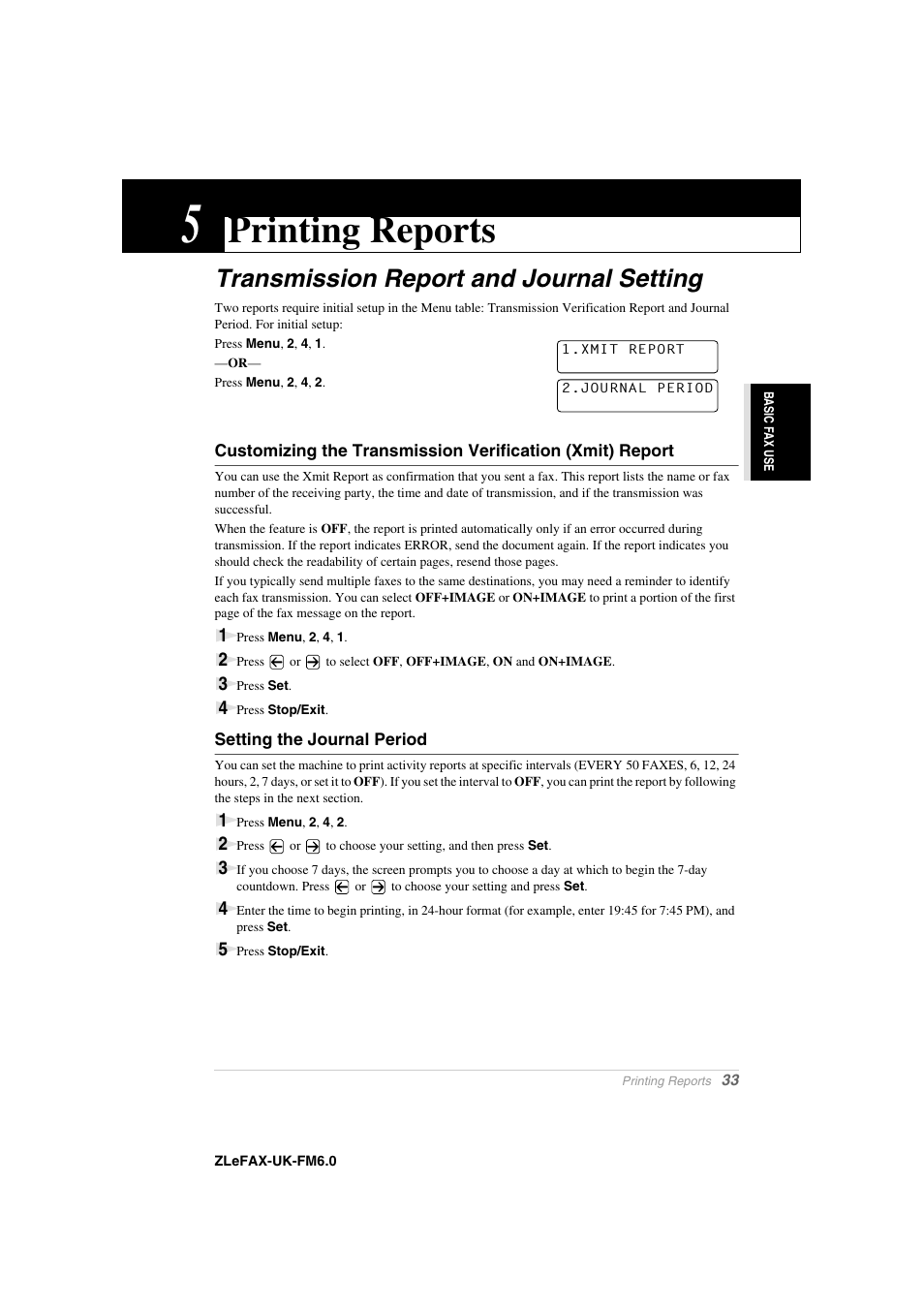 5 printing reports, Transmission report and journal setting, Setting the journal period | Chapter 5, Printing reports | Brother FAX-8360P User Manual | Page 41 / 112