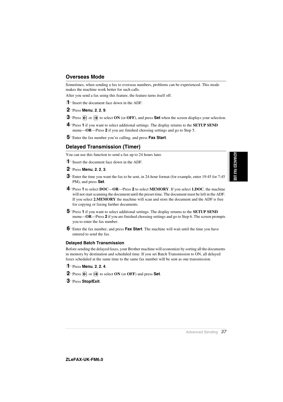 Overseas mode, Delayed transmission (timer), Delayed batch transmission | Brother FAX-8360P User Manual | Page 45 / 112