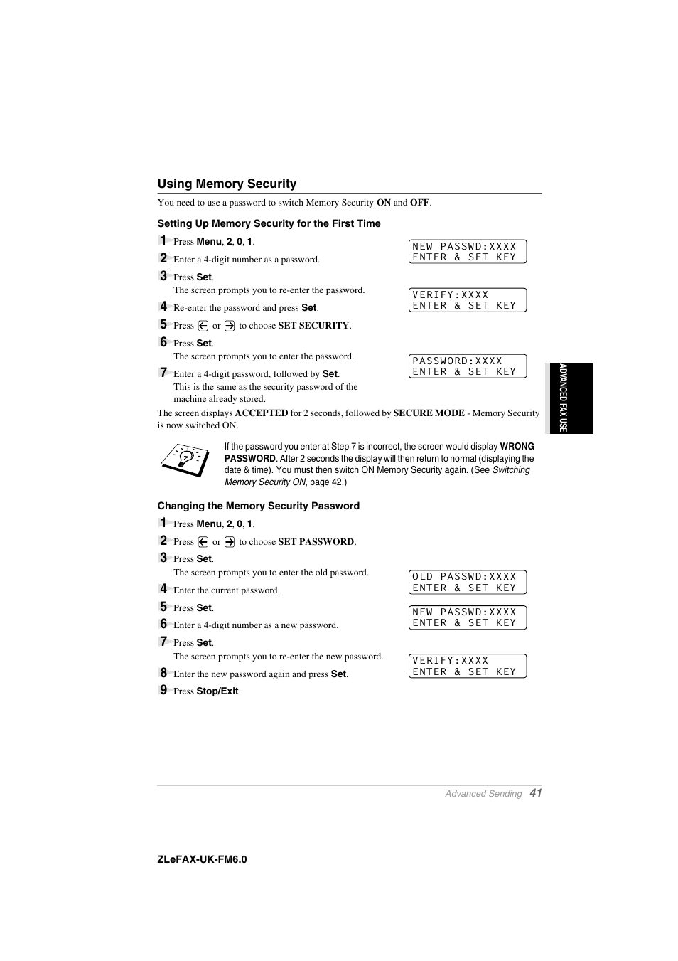 Using memory security, Setting up memory security for the first time, Changing the memory security password | Brother FAX-8360P User Manual | Page 49 / 112