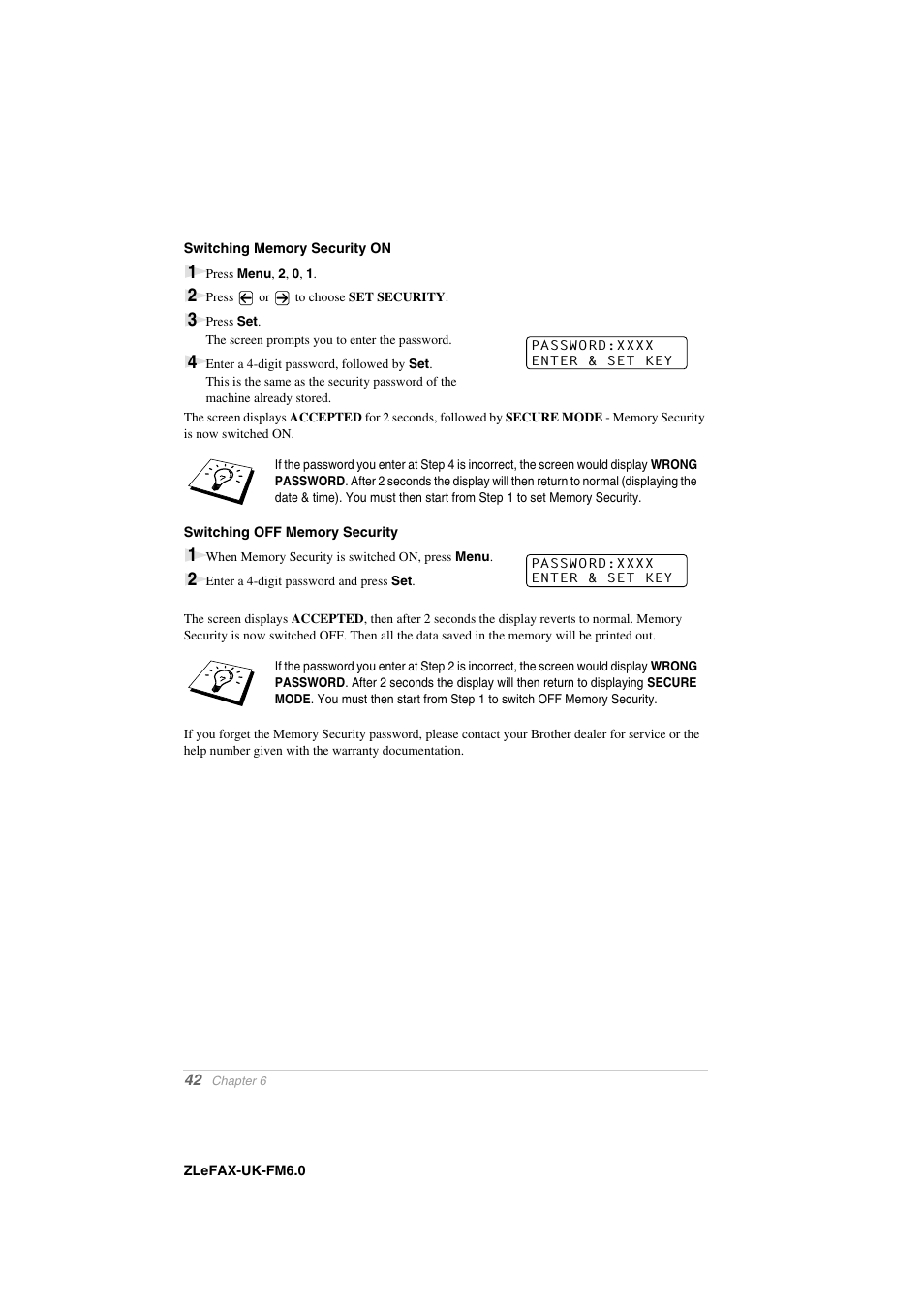 Switching memory security on, Switching off memory security | Brother FAX-8360P User Manual | Page 50 / 112