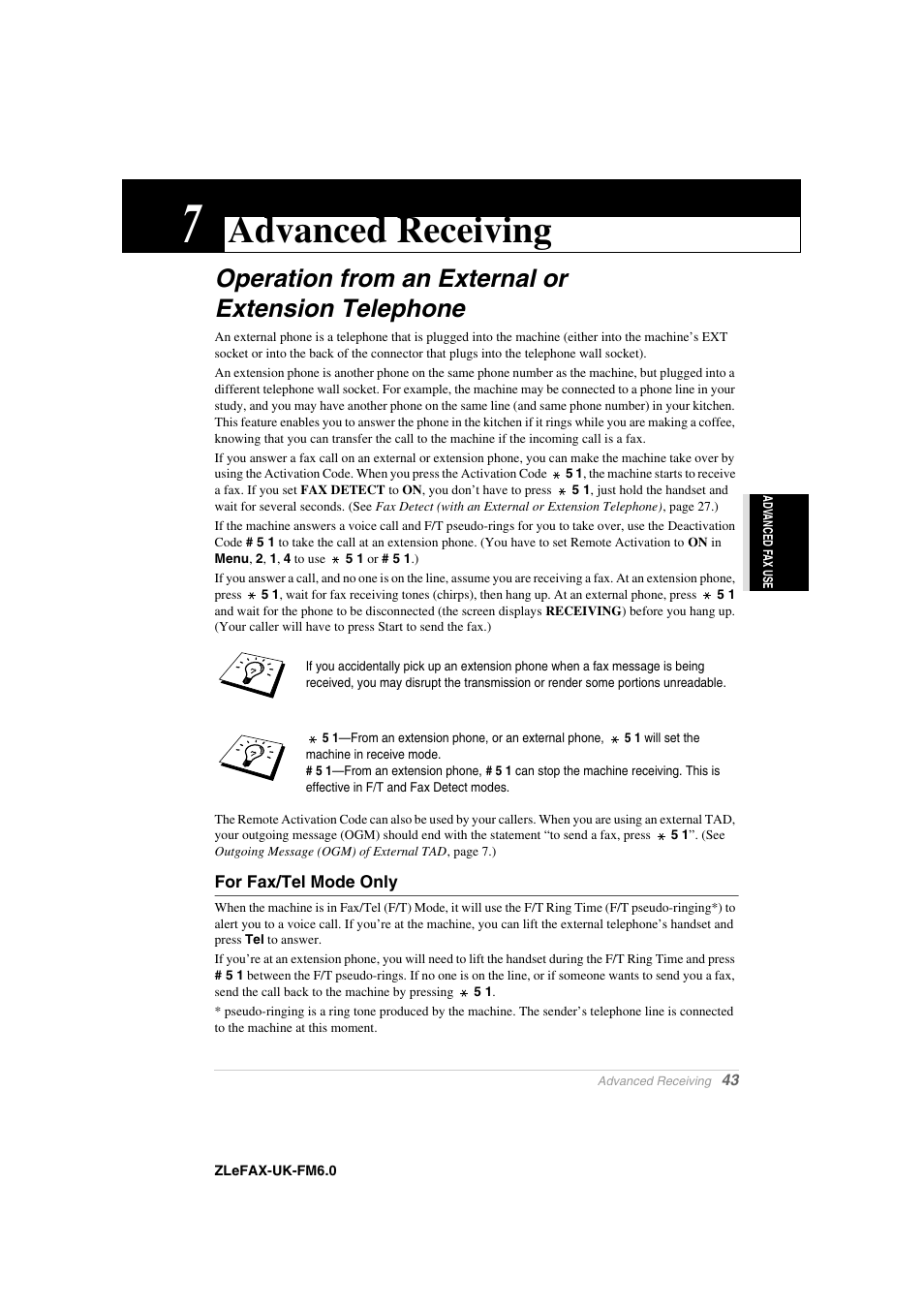 7 advanced receiving, Operation from an external or extension telephone, For fax/tel mode only | Chapter 7, Advanced receiving | Brother FAX-8360P User Manual | Page 51 / 112