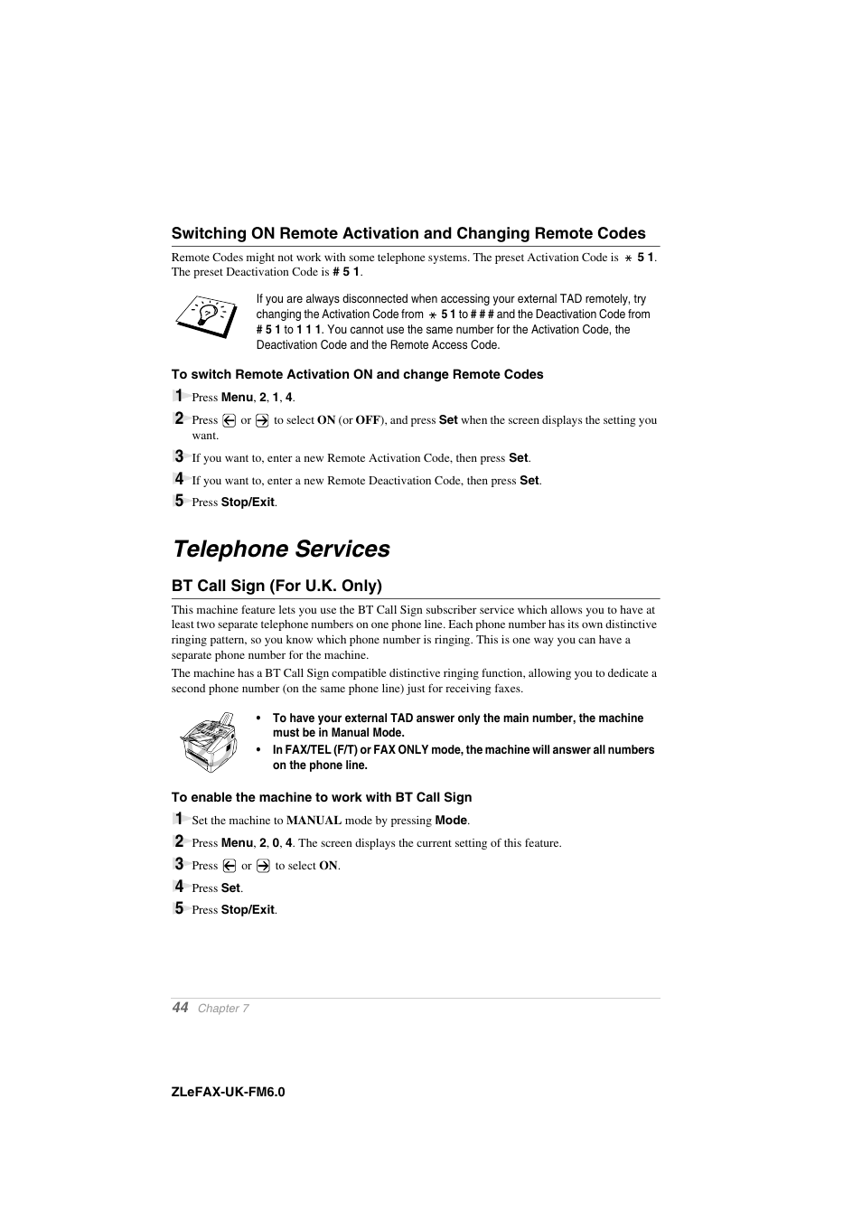 Telephone services, Bt call sign (for u.k. only), To enable the machine to work with bt call sign | Brother FAX-8360P User Manual | Page 52 / 112