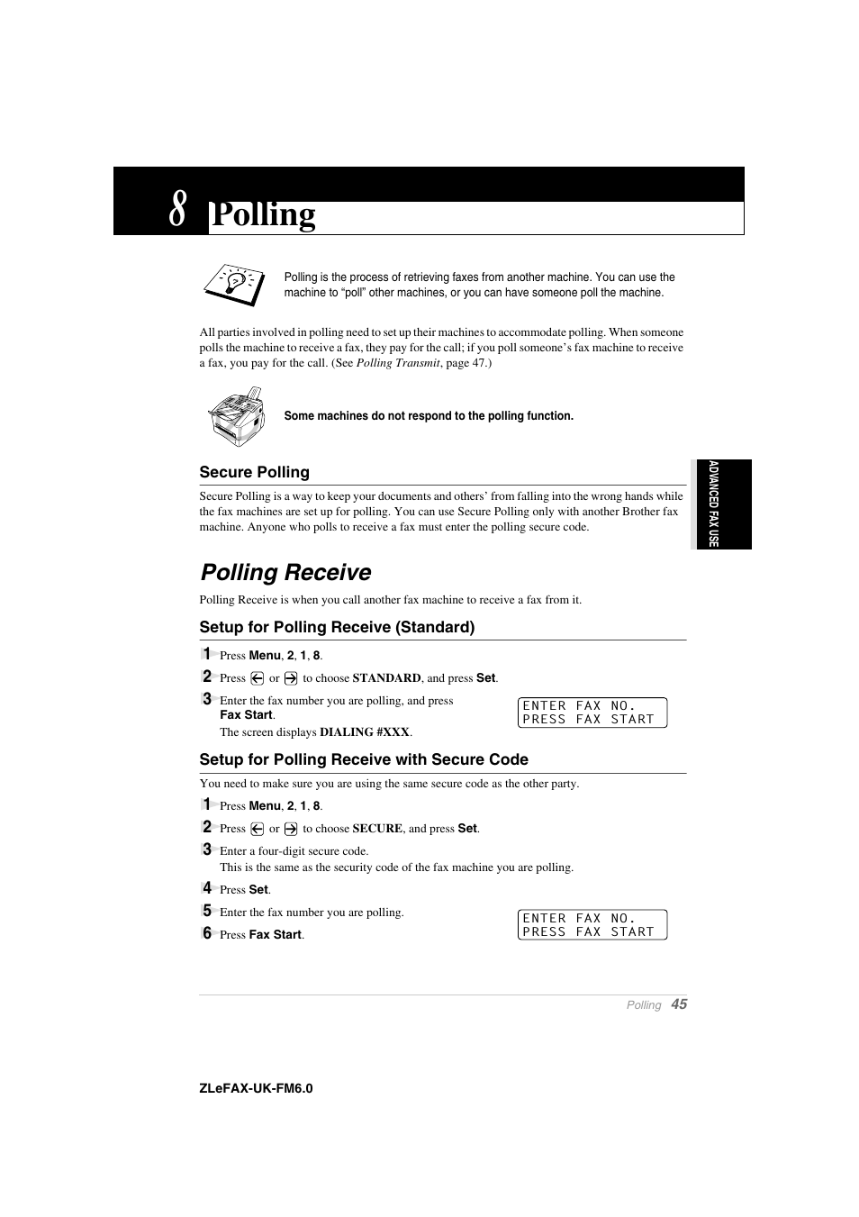 8 polling, Secure polling, Polling receive | Setup for polling receive (standard), Setup for polling receive with secure code, Chapter 8, Polling | Brother FAX-8360P User Manual | Page 53 / 112