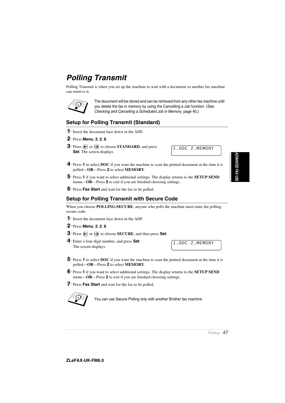 Polling transmit, Setup for polling transmit (standard), Setup for polling transmit with secure code | Brother FAX-8360P User Manual | Page 55 / 112