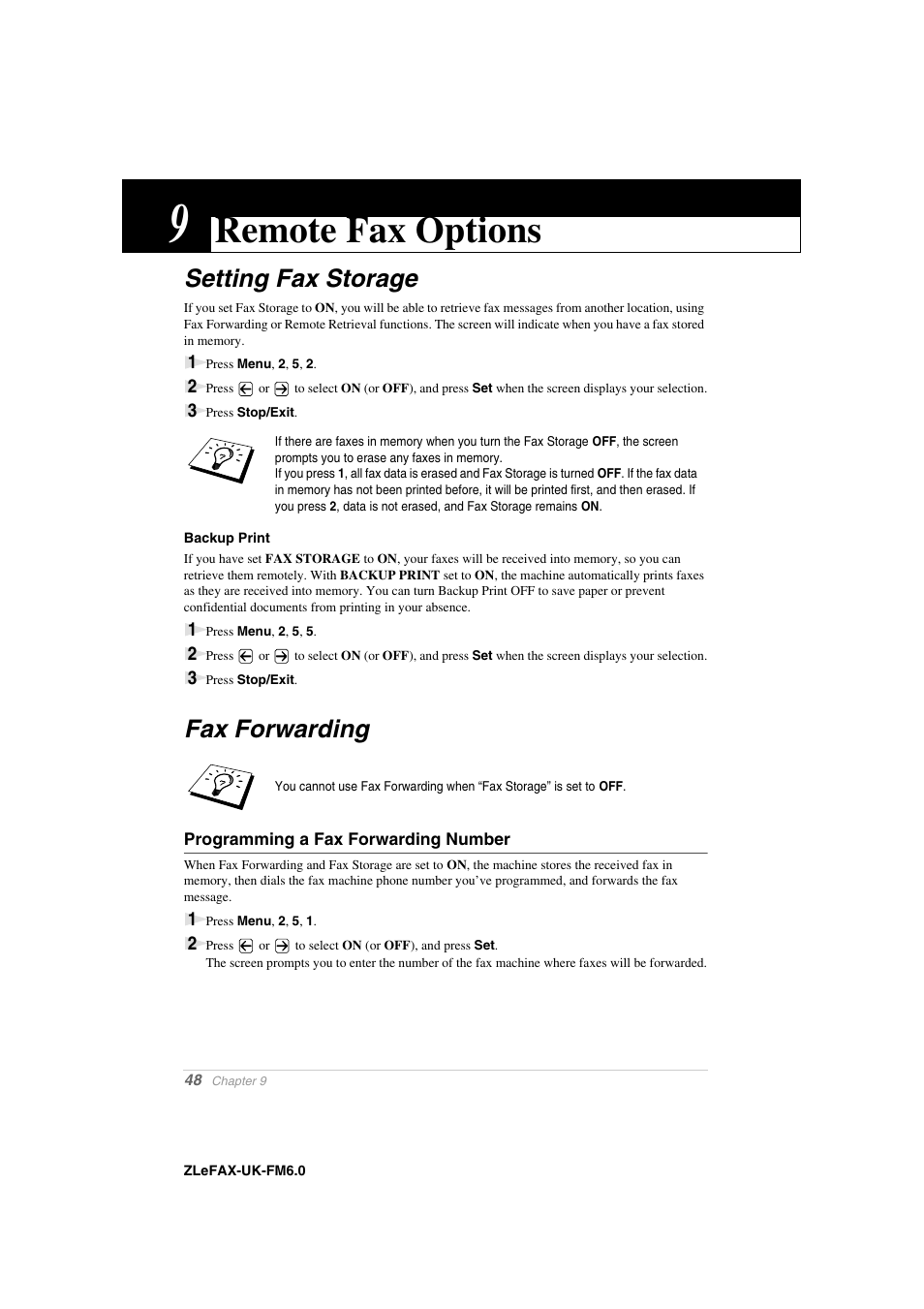 9 remote fax options, Setting fax storage, Backup print | Fax forwarding, Programming a fax forwarding number, Chapter 9, Remote fax options, Setting fax storage fax forwarding | Brother FAX-8360P User Manual | Page 56 / 112