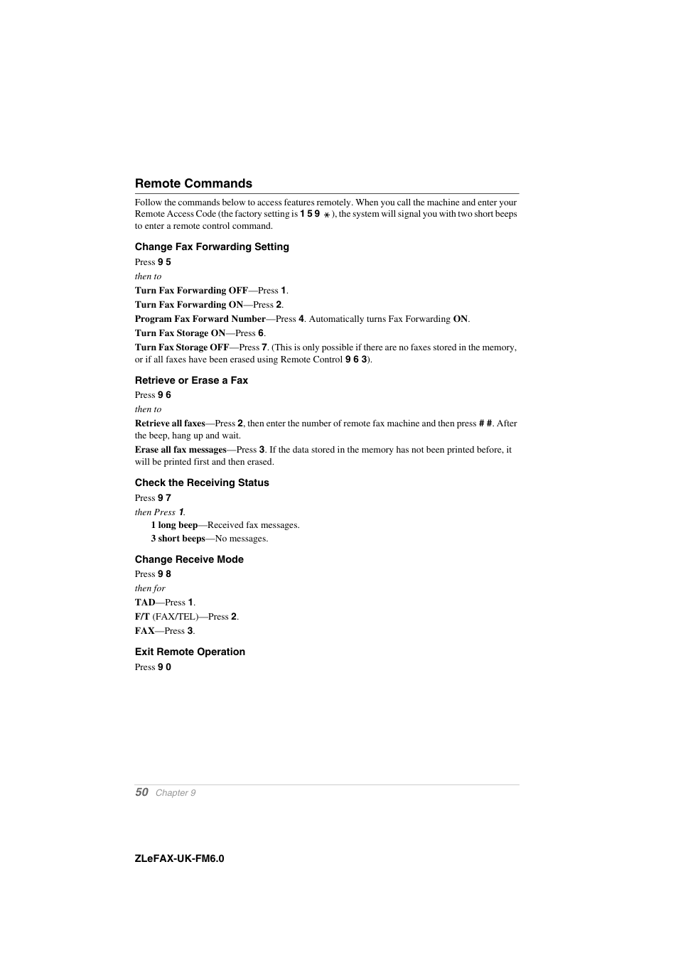 Remote commands, Change fax forwarding setting, Retrieve or erase a fax | Check the receiving status, Change receive mode, Exit remote operation | Brother FAX-8360P User Manual | Page 58 / 112