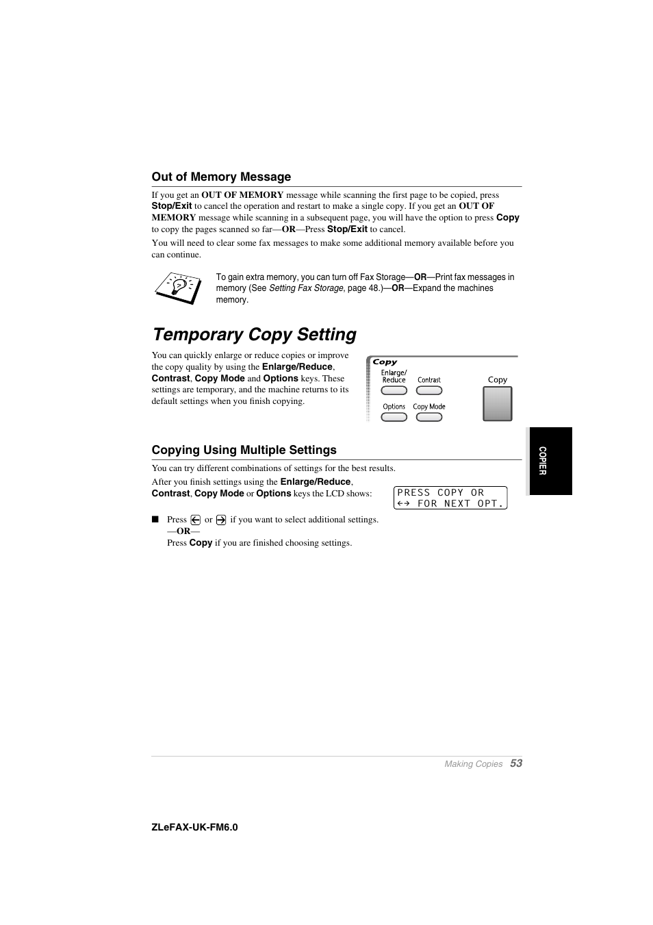 Out of memory message, Temporary copy setting, Copying using multiple settings | Brother FAX-8360P User Manual | Page 61 / 112