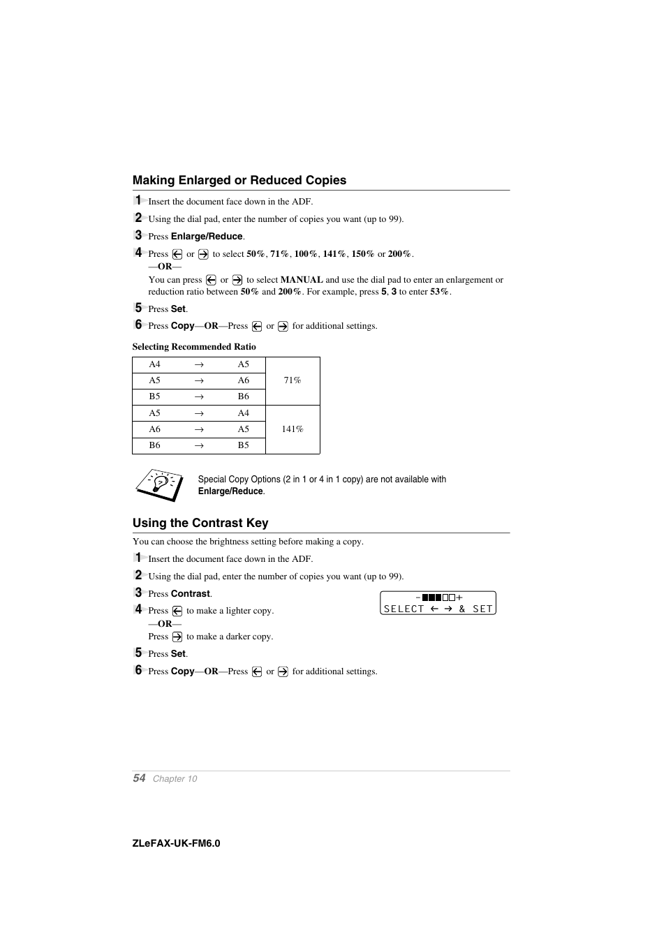 Making enlarged or reduced copies, Using the contrast key | Brother FAX-8360P User Manual | Page 62 / 112