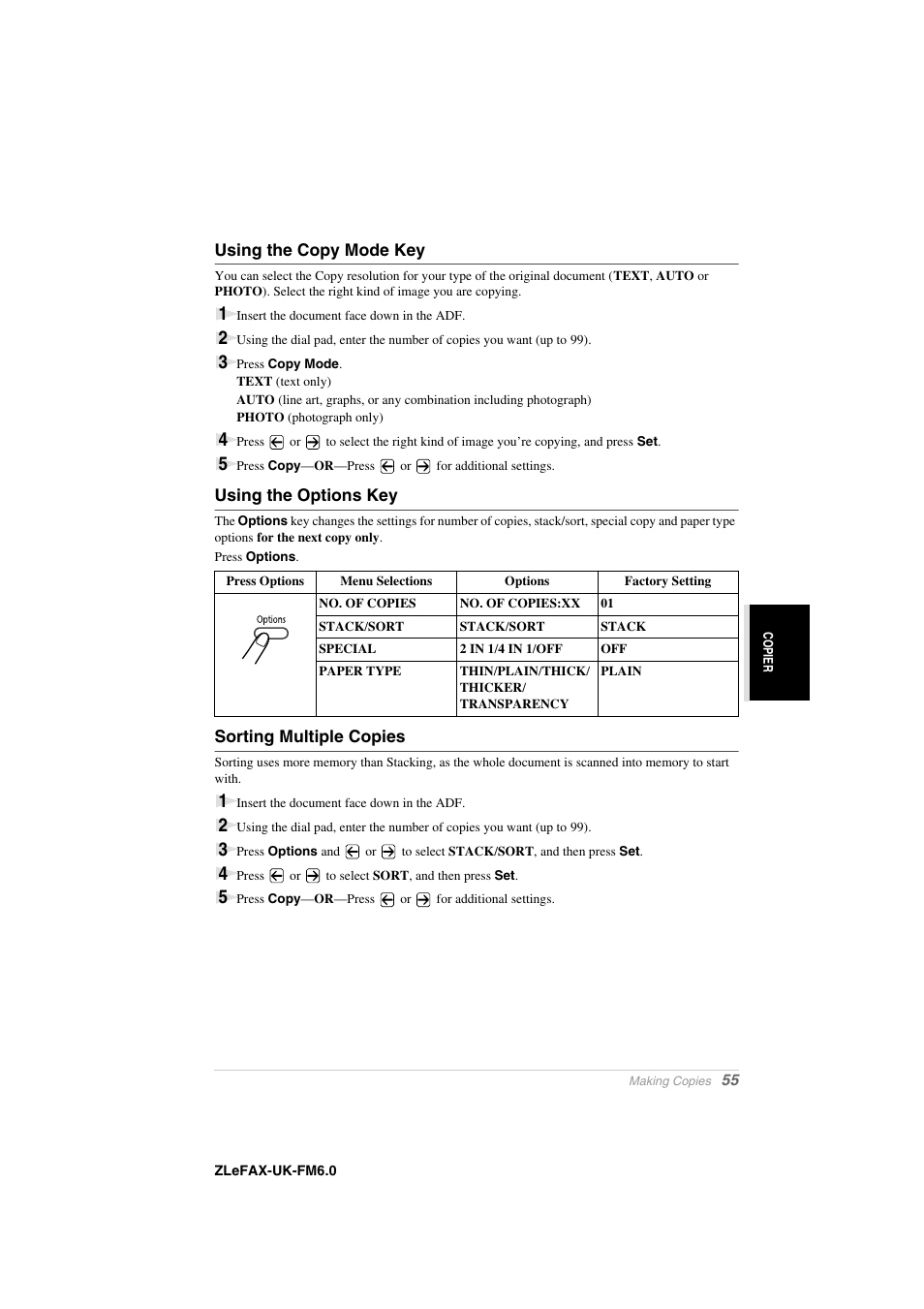 Using the copy mode key, Using the options key, Sorting multiple copies | Brother FAX-8360P User Manual | Page 63 / 112