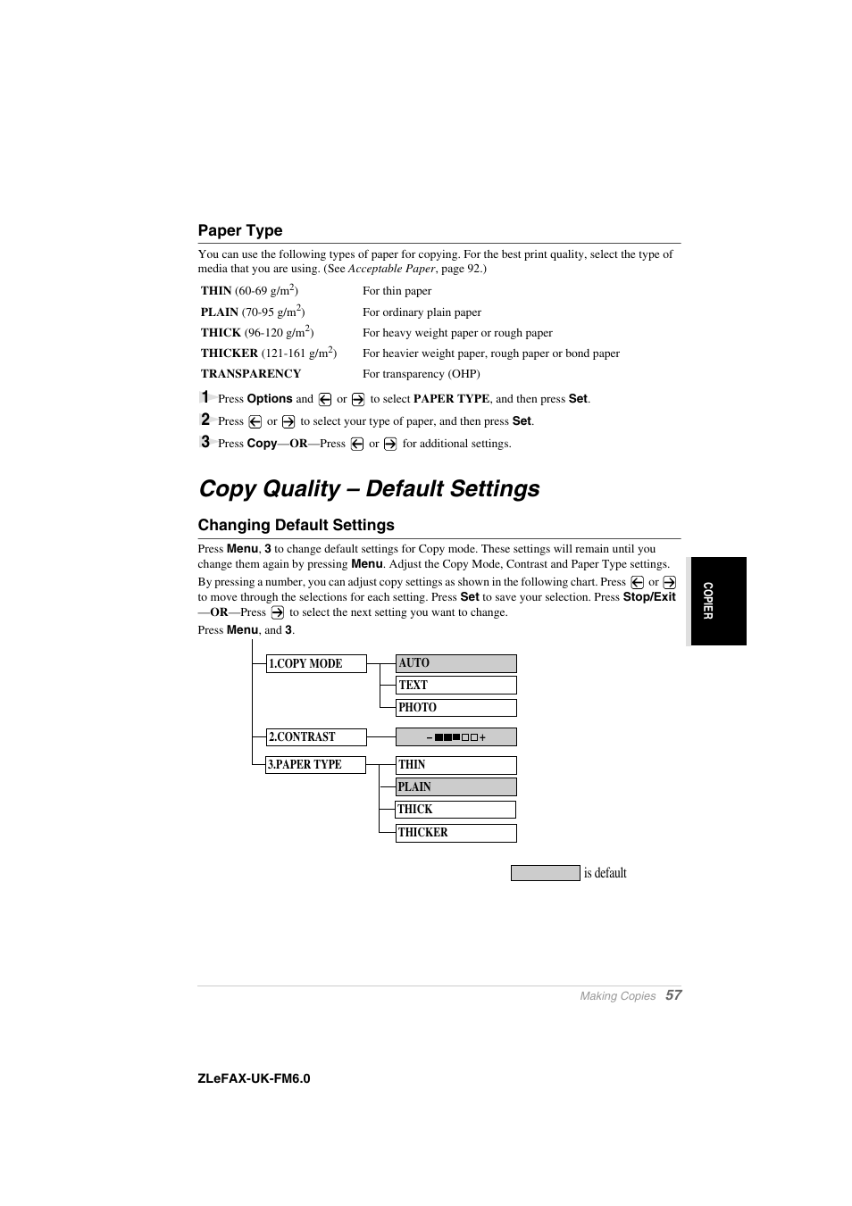 Paper type, Copy quality – default settings, Changing default settings | Brother FAX-8360P User Manual | Page 65 / 112