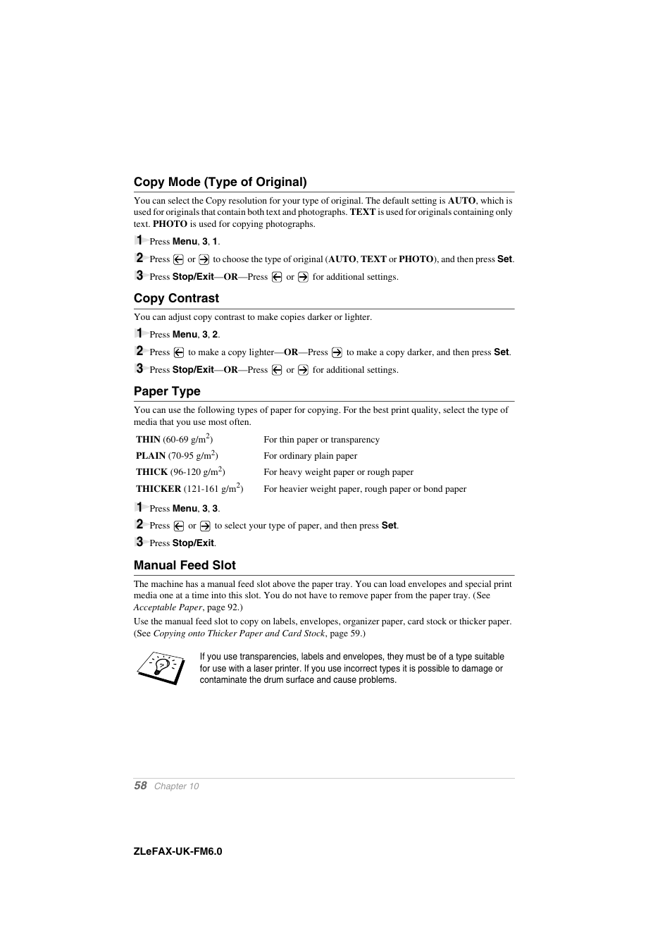 Copy mode (type of original), Copy contrast, Paper type | Manual feed slot | Brother FAX-8360P User Manual | Page 66 / 112