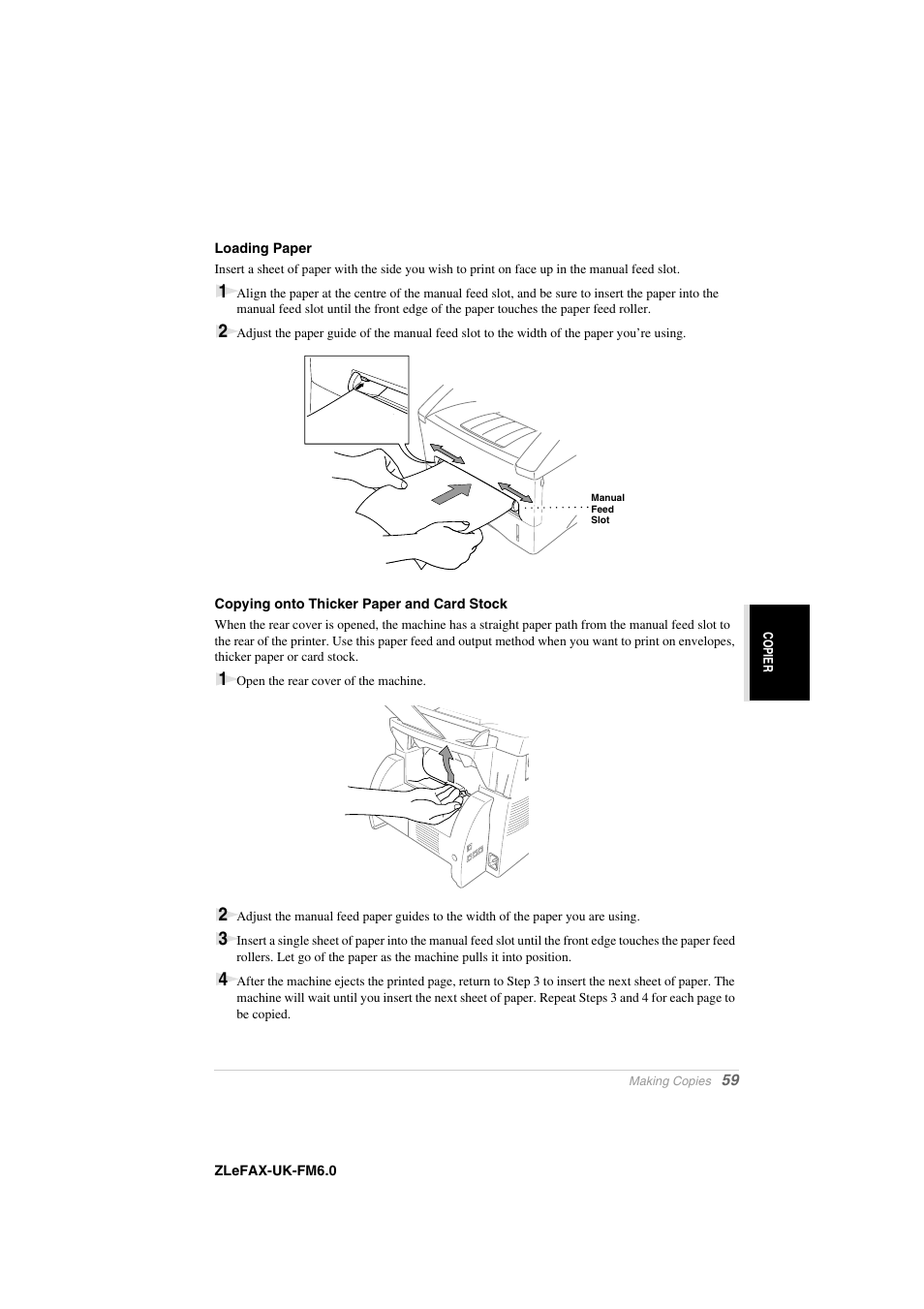 Loading paper, Copying onto thicker paper and card stock | Brother FAX-8360P User Manual | Page 67 / 112