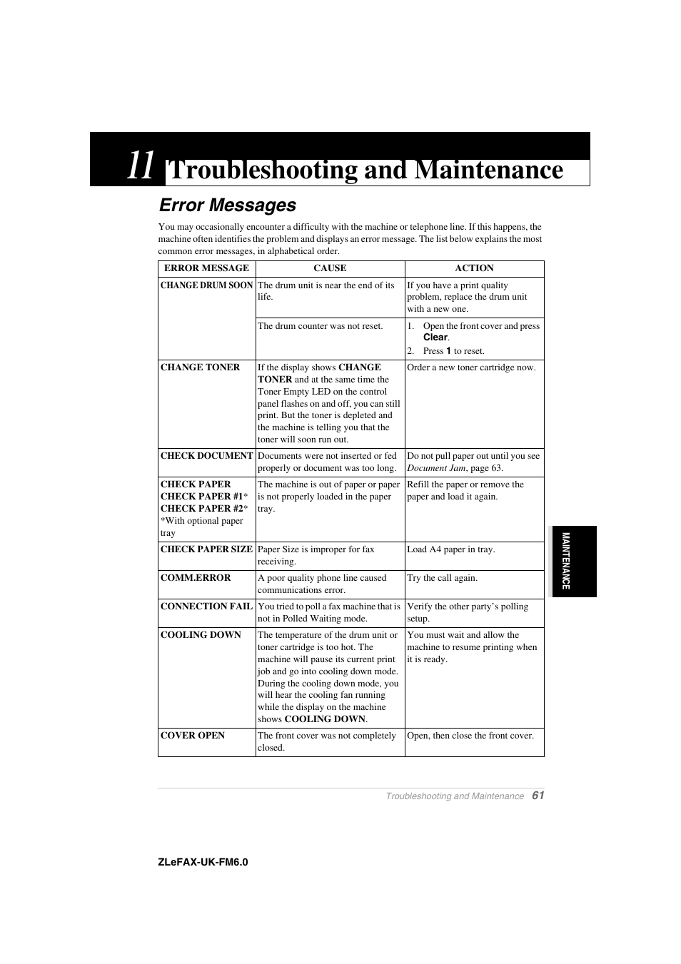 11 troubleshooting and maintenance, Error messages, Chapter 11 | Troubleshooting and maintenance | Brother FAX-8360P User Manual | Page 69 / 112