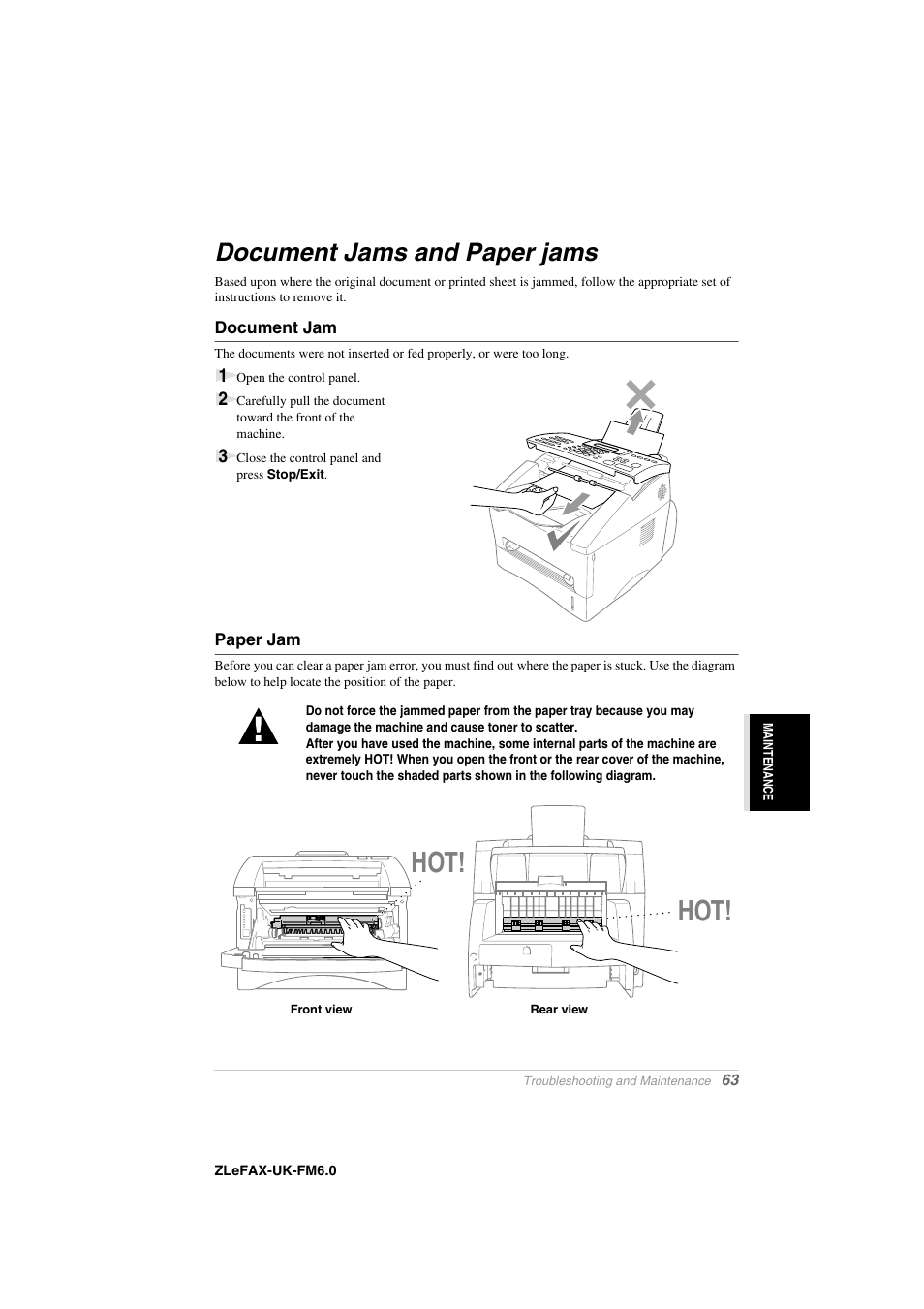 Document jams and paper jams, Document jam, Paper jam | Brother FAX-8360P User Manual | Page 71 / 112