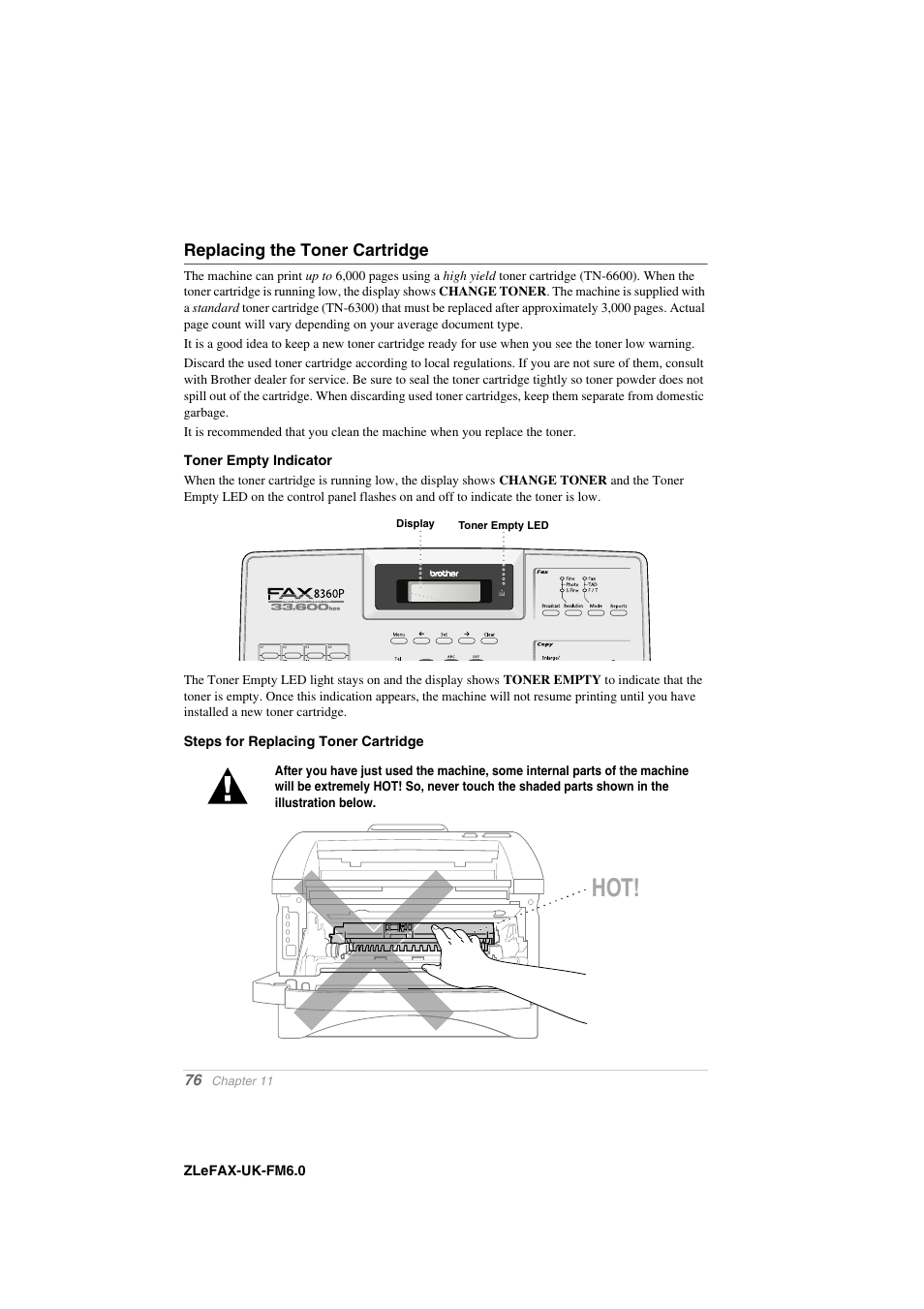 Replacing the toner cartridge, Toner empty indicator, Steps for replacing toner cartridge | Brother FAX-8360P User Manual | Page 84 / 112