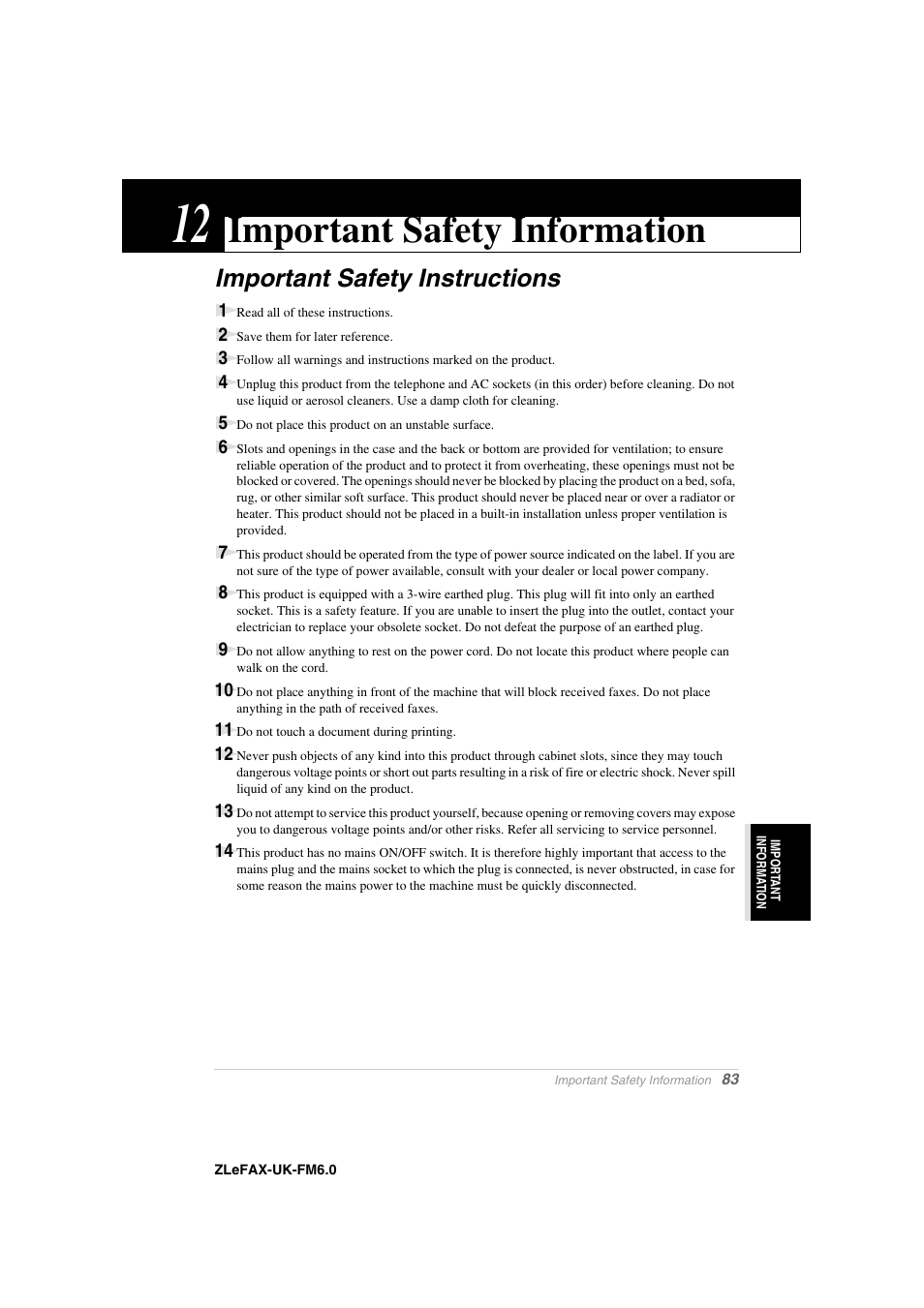 12 important safety information, Important safety instructions, Chapter 12 | Important safety information | Brother FAX-8360P User Manual | Page 91 / 112