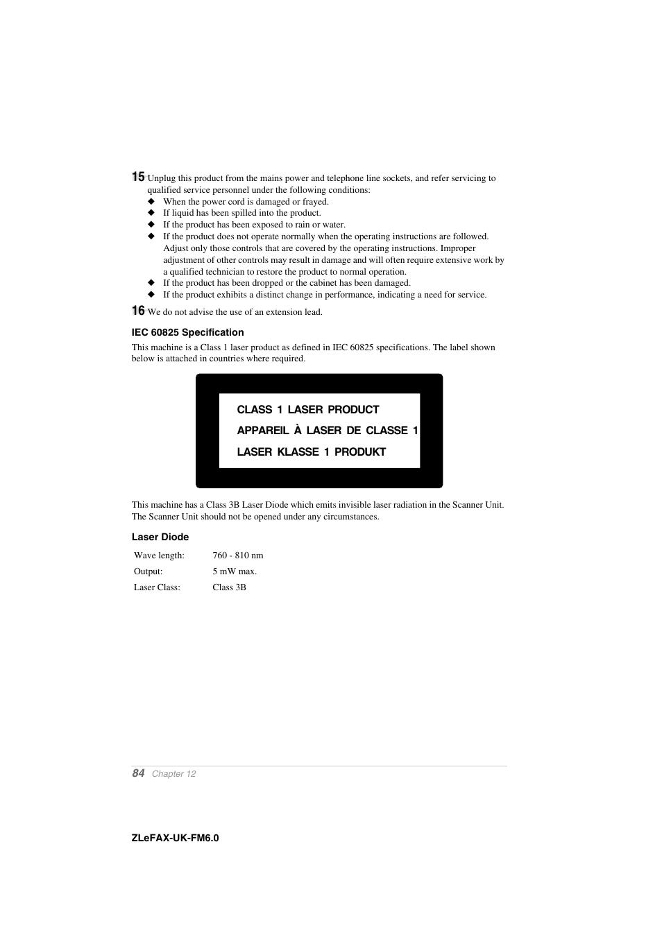 Iec 60825 specification, Laser diode | Brother FAX-8360P User Manual | Page 92 / 112