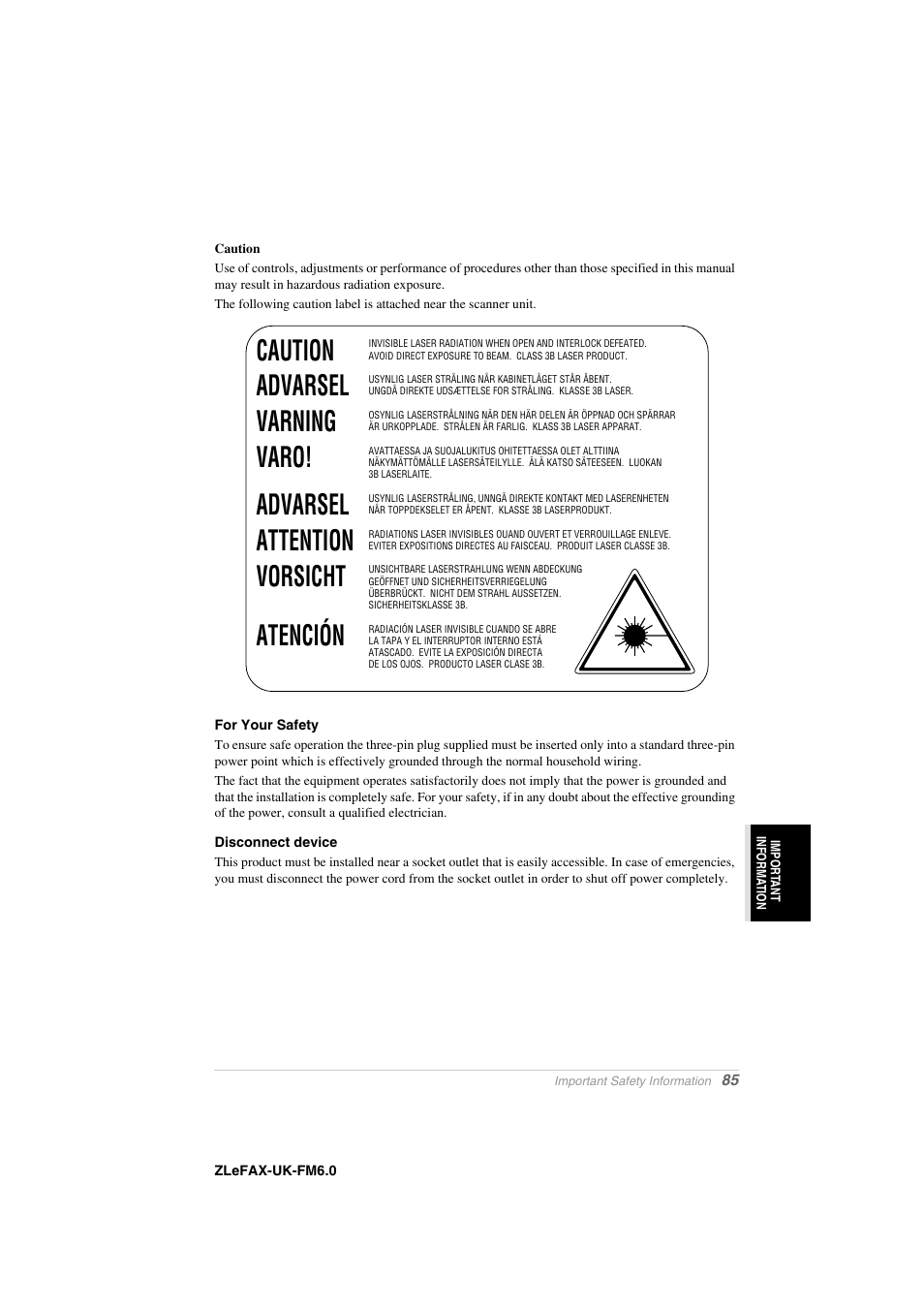 For your safety, Disconnect device | Brother FAX-8360P User Manual | Page 93 / 112