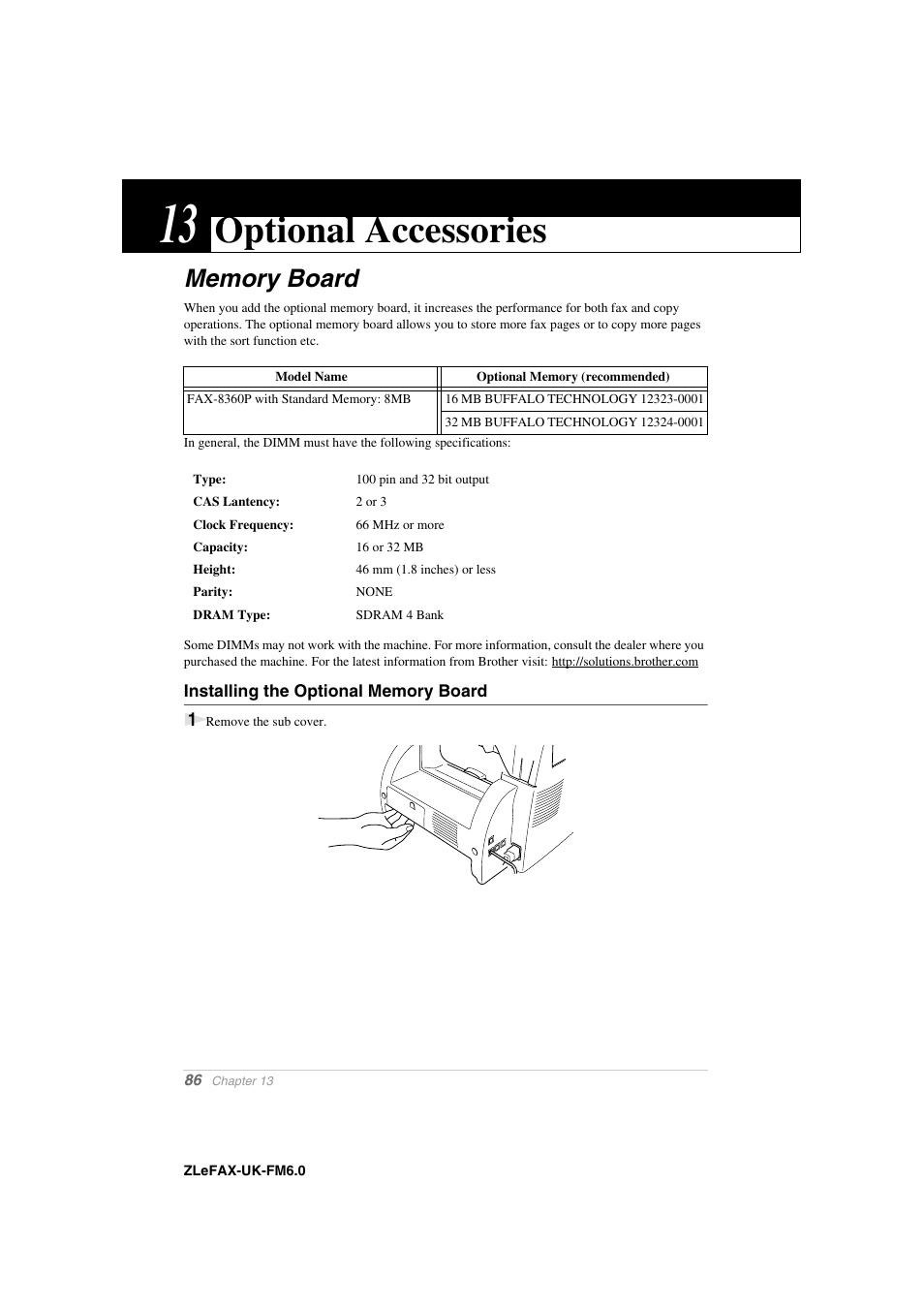 13 optional accessories, Memory board, Installing the optional memory board | Chapter 13, Optional accessories | Brother FAX-8360P User Manual | Page 94 / 112