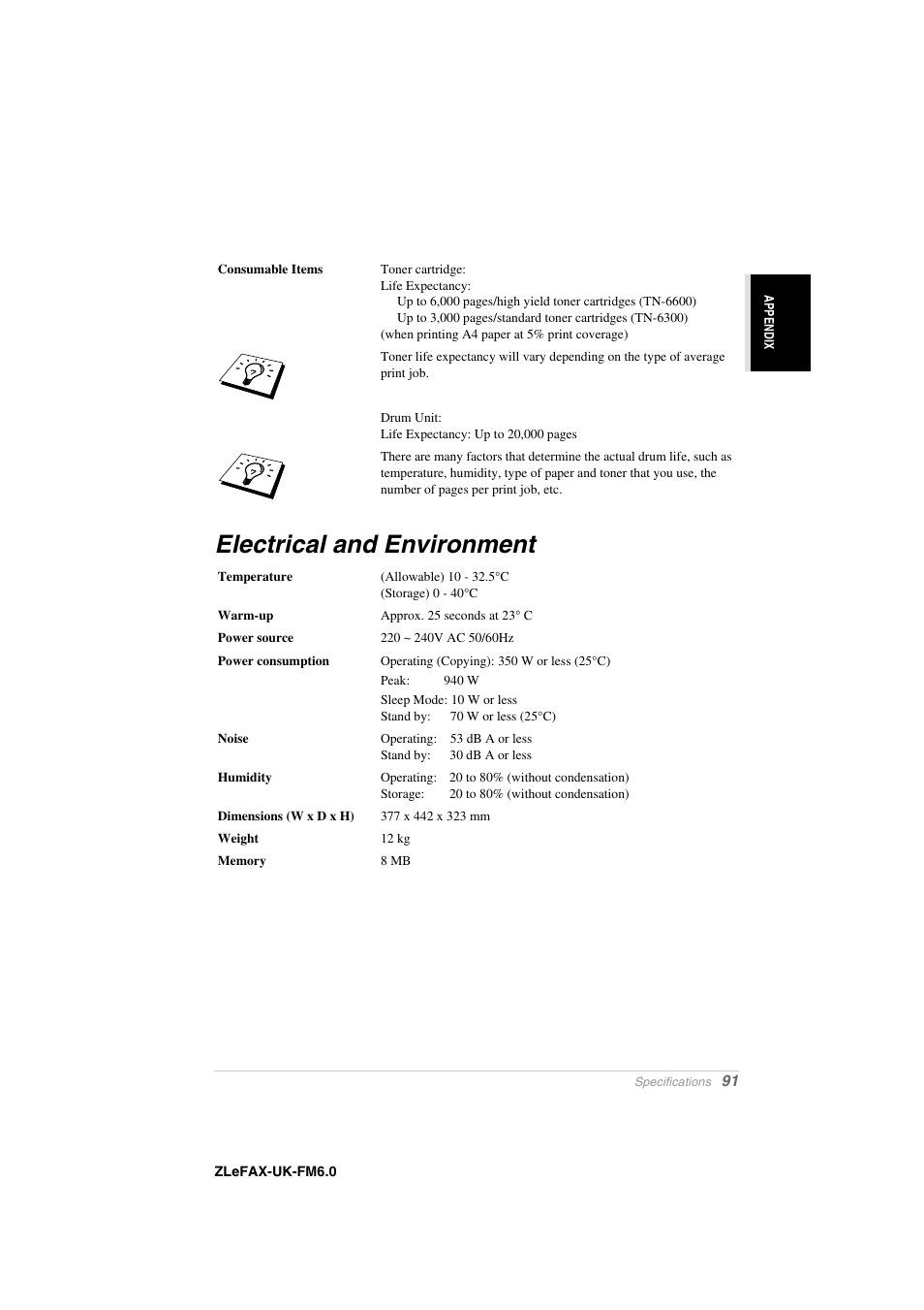 Electrical and environment | Brother FAX-8360P User Manual | Page 99 / 112