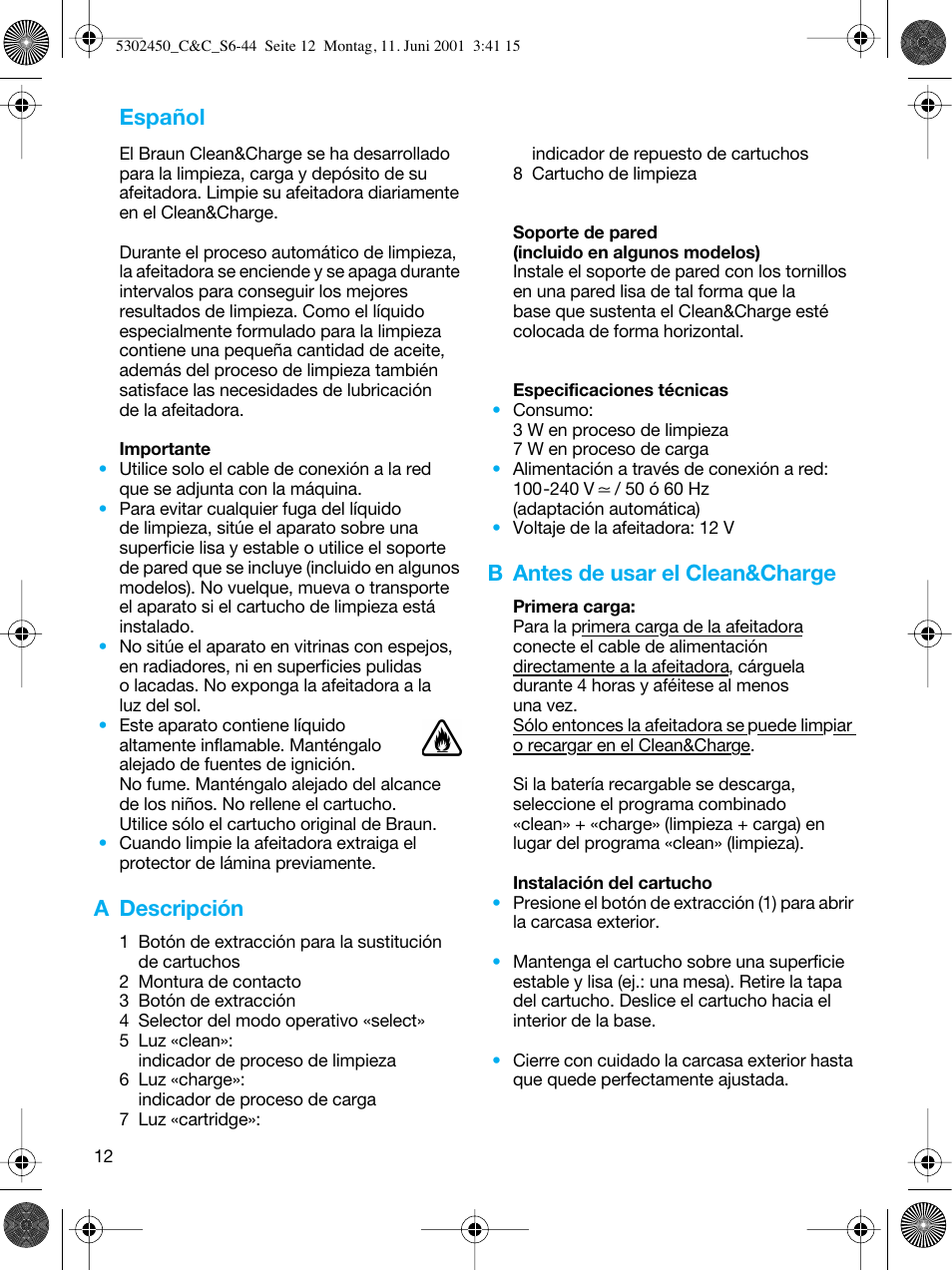 Español, A descripción, B antes de usar el clean&charge | Braun Clean & Charge (Flex Integral) User Manual | Page 11 / 40