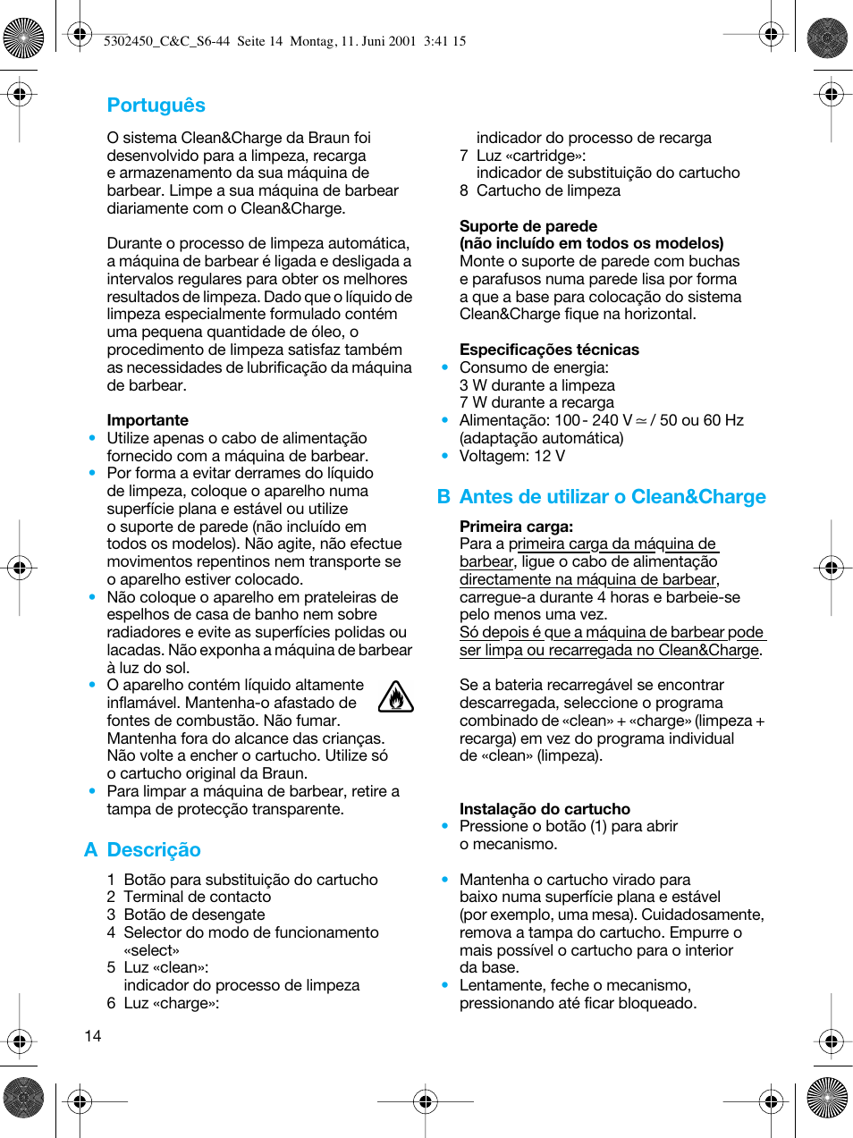 Português, A descrição, B antes de utilizar o clean&charge | Braun Clean & Charge (Flex Integral) User Manual | Page 13 / 40