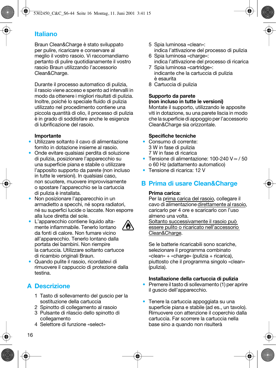 Italiano, A descrizione, B prima di usare clean&charge | Braun Clean & Charge (Flex Integral) User Manual | Page 15 / 40