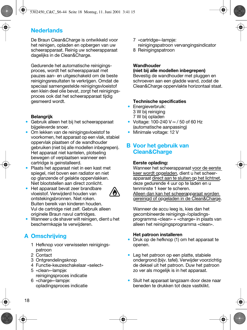 Nederlands, A omschrijving, B voor het gebruik van clean&charge | Braun Clean & Charge (Flex Integral) User Manual | Page 17 / 40