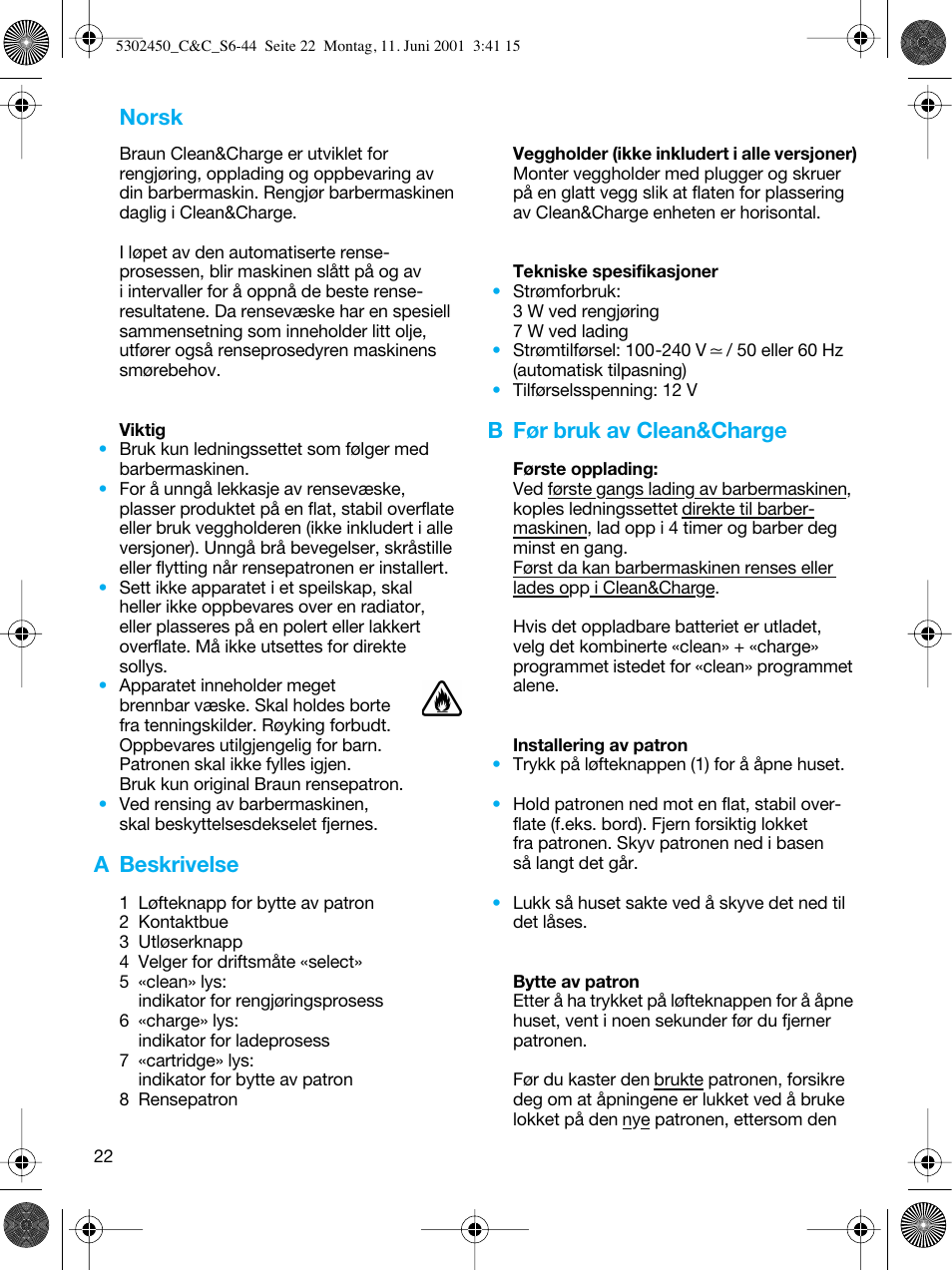 Norsk, A beskrivelse, B før bruk av clean&charge | Braun Clean & Charge (Flex Integral) User Manual | Page 21 / 40