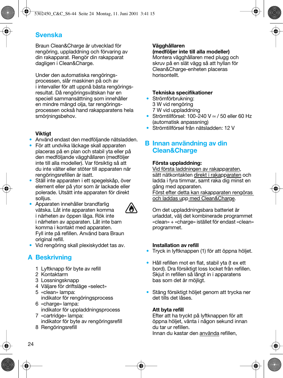 Svenska, A beskrivning, B innan användning av din clean&charge | Braun Clean & Charge (Flex Integral) User Manual | Page 23 / 40