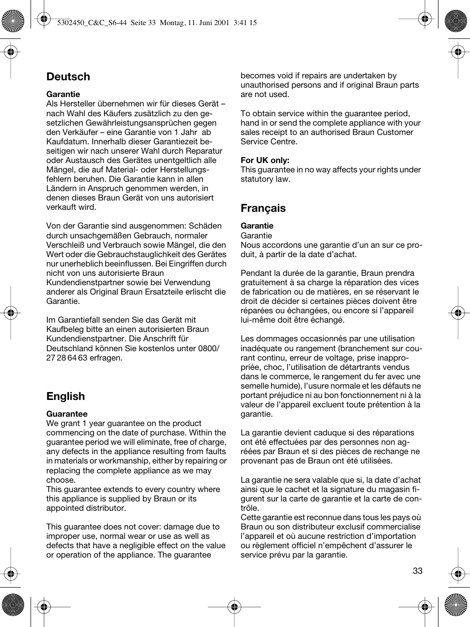 Deutsch, English, Français | Braun Clean & Charge (Flex Integral) User Manual | Page 32 / 40