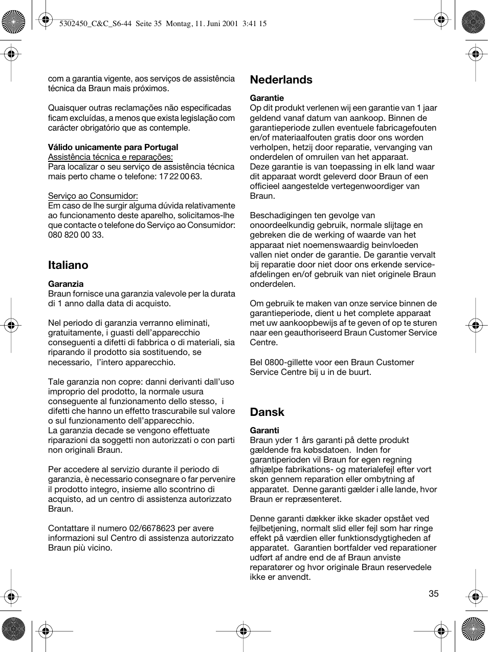 Italiano, Nederlands, Dansk | Braun Clean & Charge (Flex Integral) User Manual | Page 34 / 40