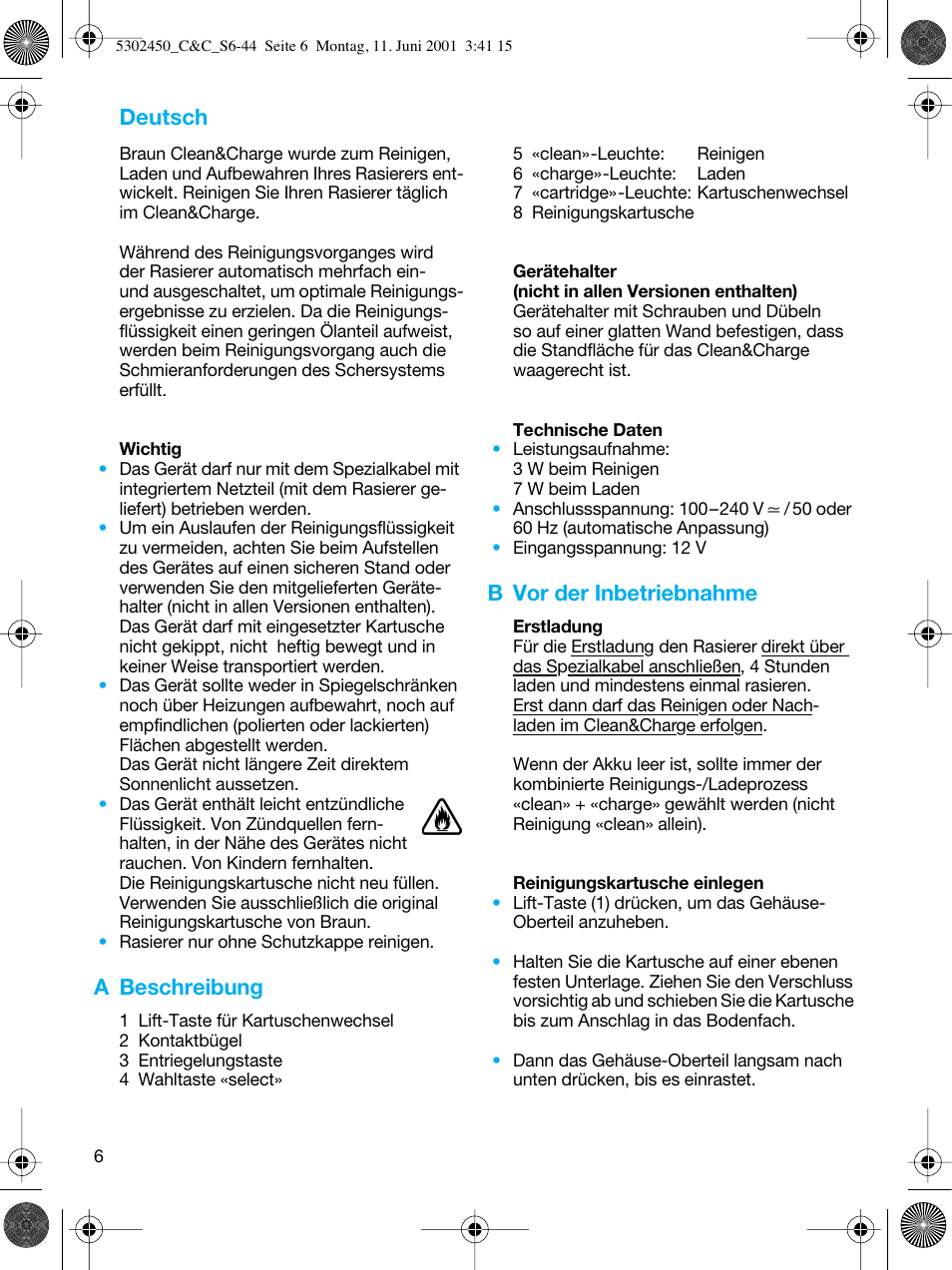 Deutsch, A beschreibung, B vor der inbetriebnahme | Braun Clean & Charge (Flex Integral) User Manual | Page 5 / 40