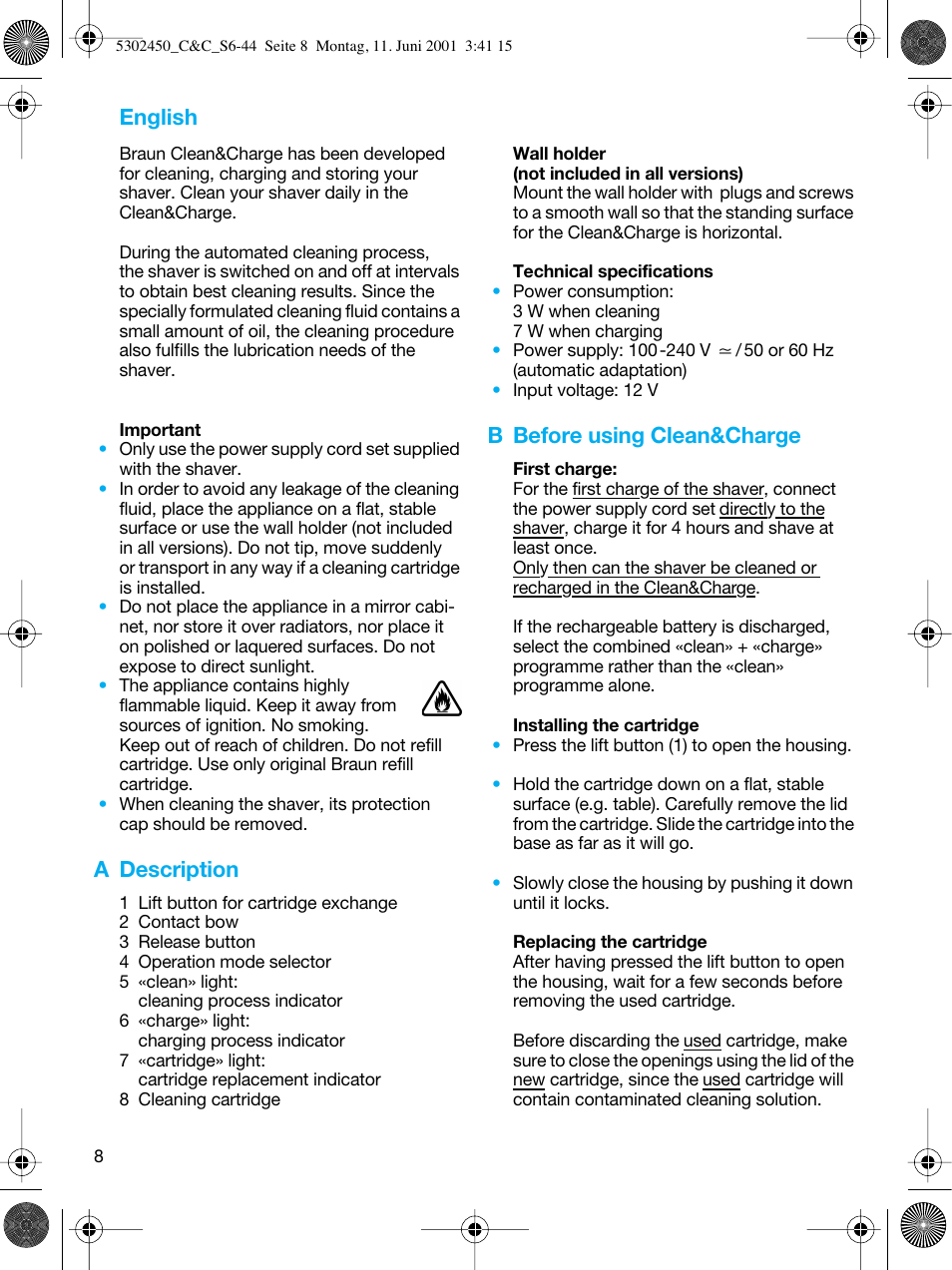 English, A description, B before using clean&charge | Braun Clean & Charge (Flex Integral) User Manual | Page 7 / 40