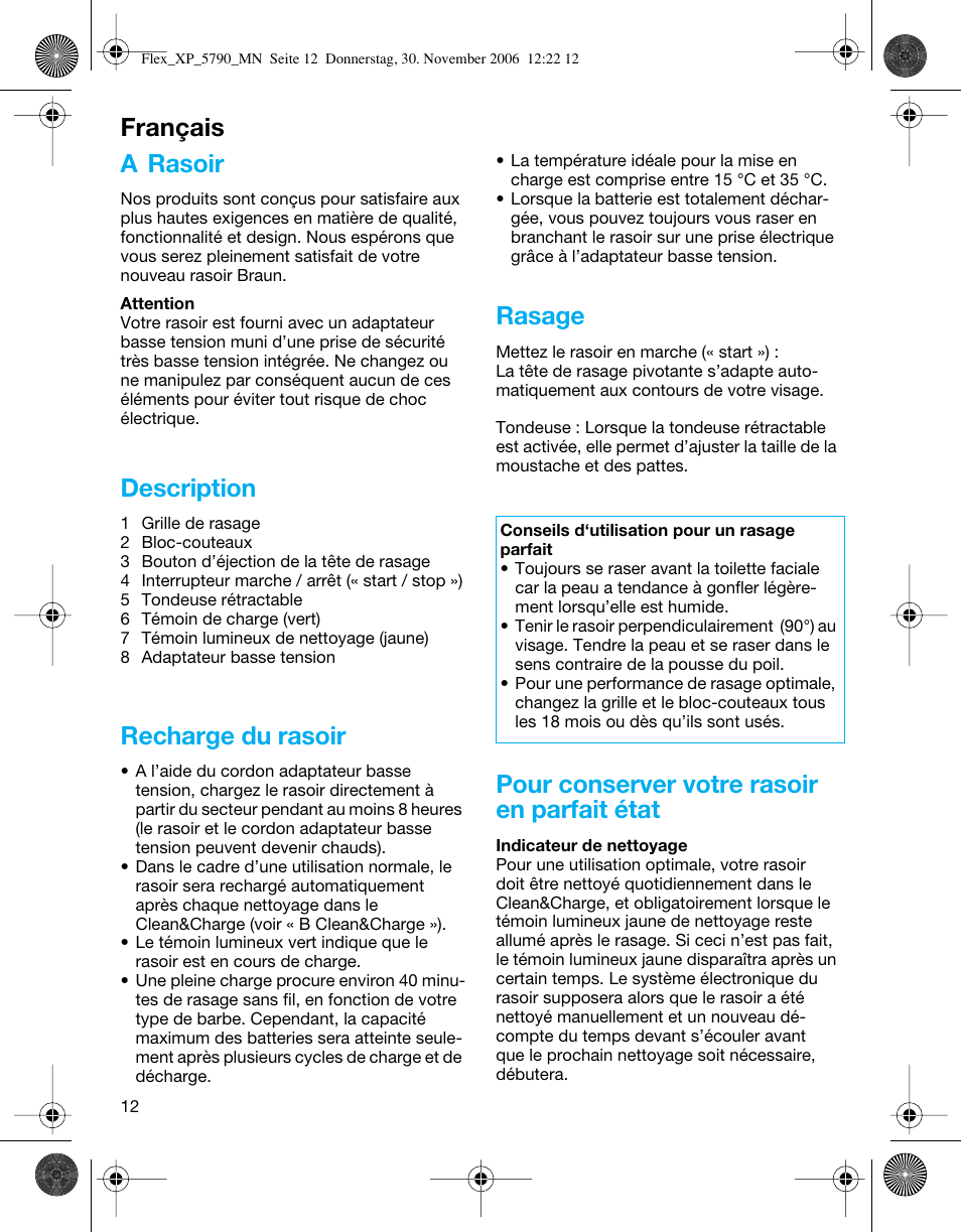 A rasoir, Description, Recharge du rasoir | Rasage, Pour conserver votre rasoir en parfait état, Français | Braun 5790 Flex XP II System User Manual | Page 11 / 49