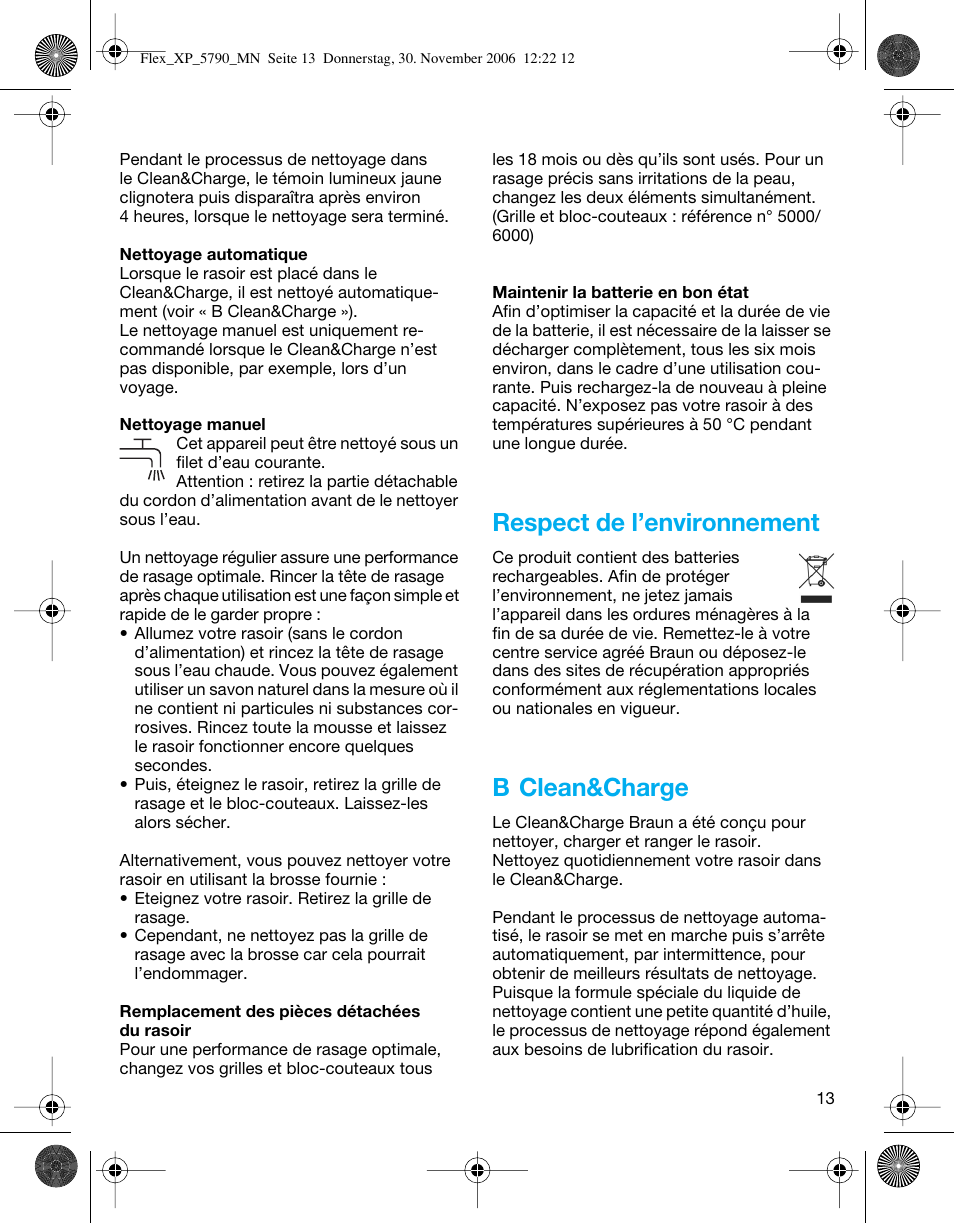 Respect de l’environnement, B clean&charge | Braun 5790 Flex XP II System User Manual | Page 12 / 49