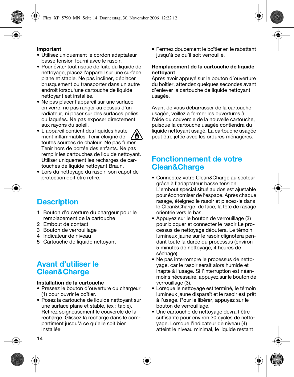 Description, Avant d’utiliser le clean&charge, Fonctionnement de votre clean&charge | Braun 5790 Flex XP II System User Manual | Page 13 / 49