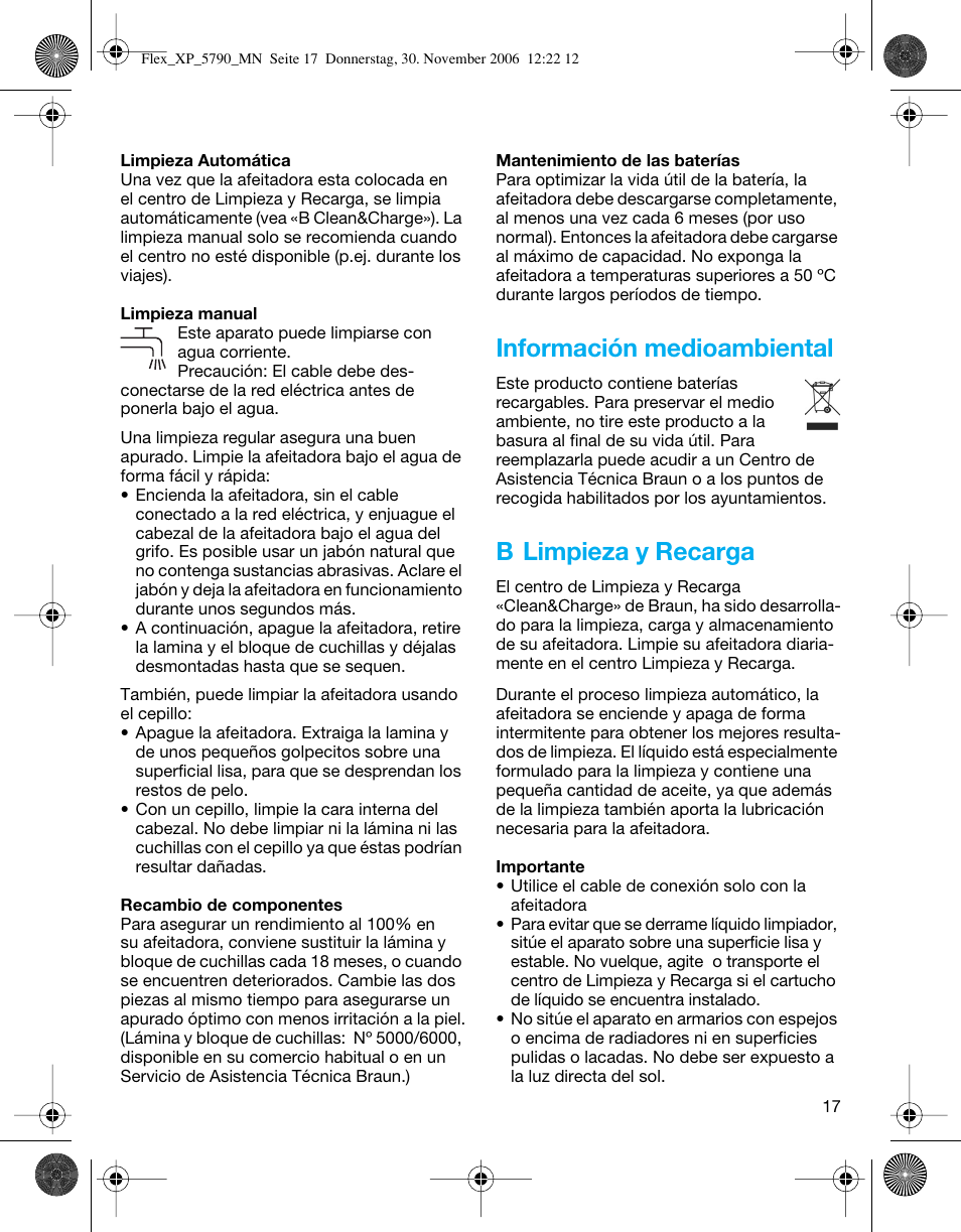 Información medioambiental, B limpieza y recarga | Braun 5790 Flex XP II System User Manual | Page 16 / 49