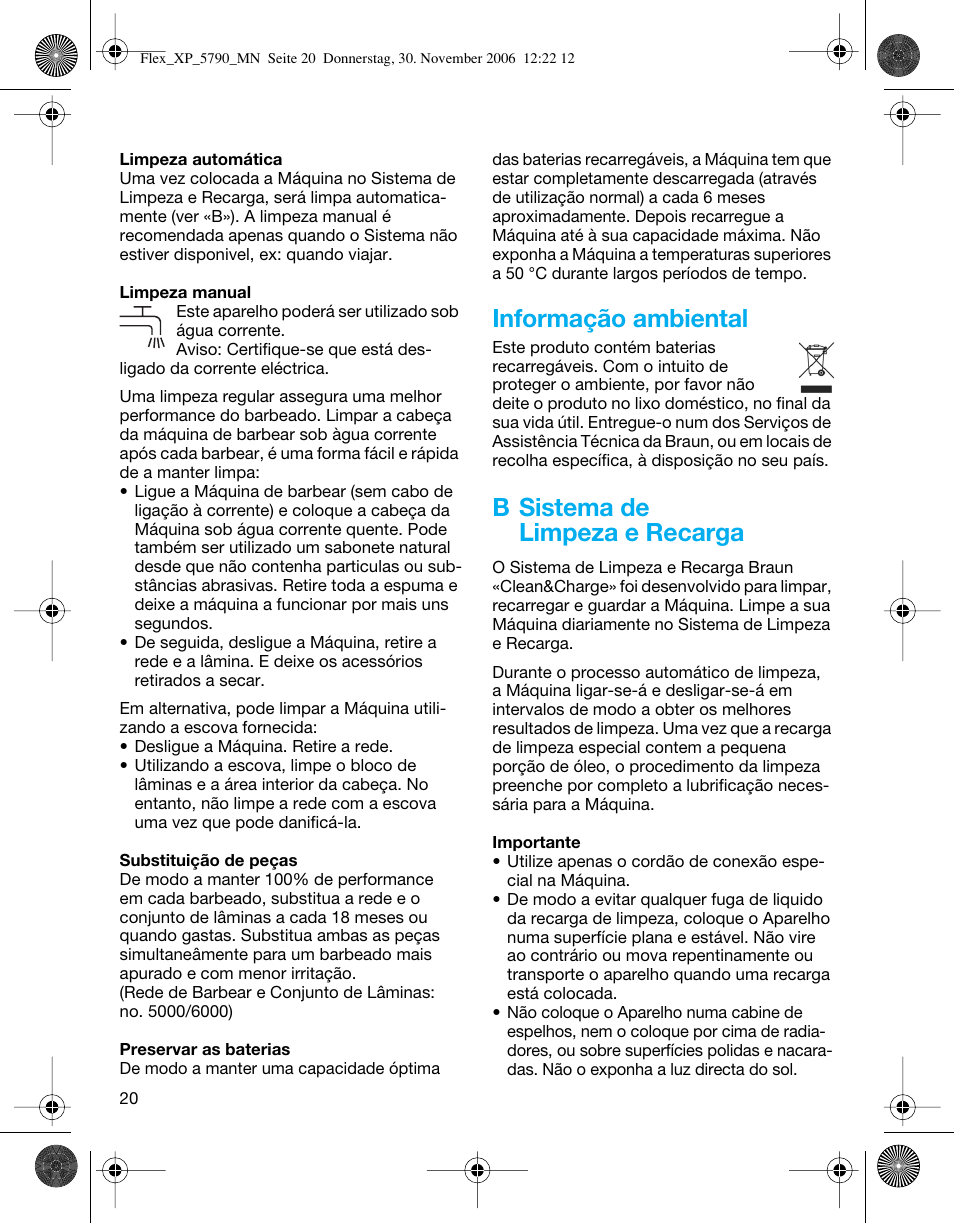 Informação ambiental, B sistema de limpeza e recarga | Braun 5790 Flex XP II System User Manual | Page 19 / 49