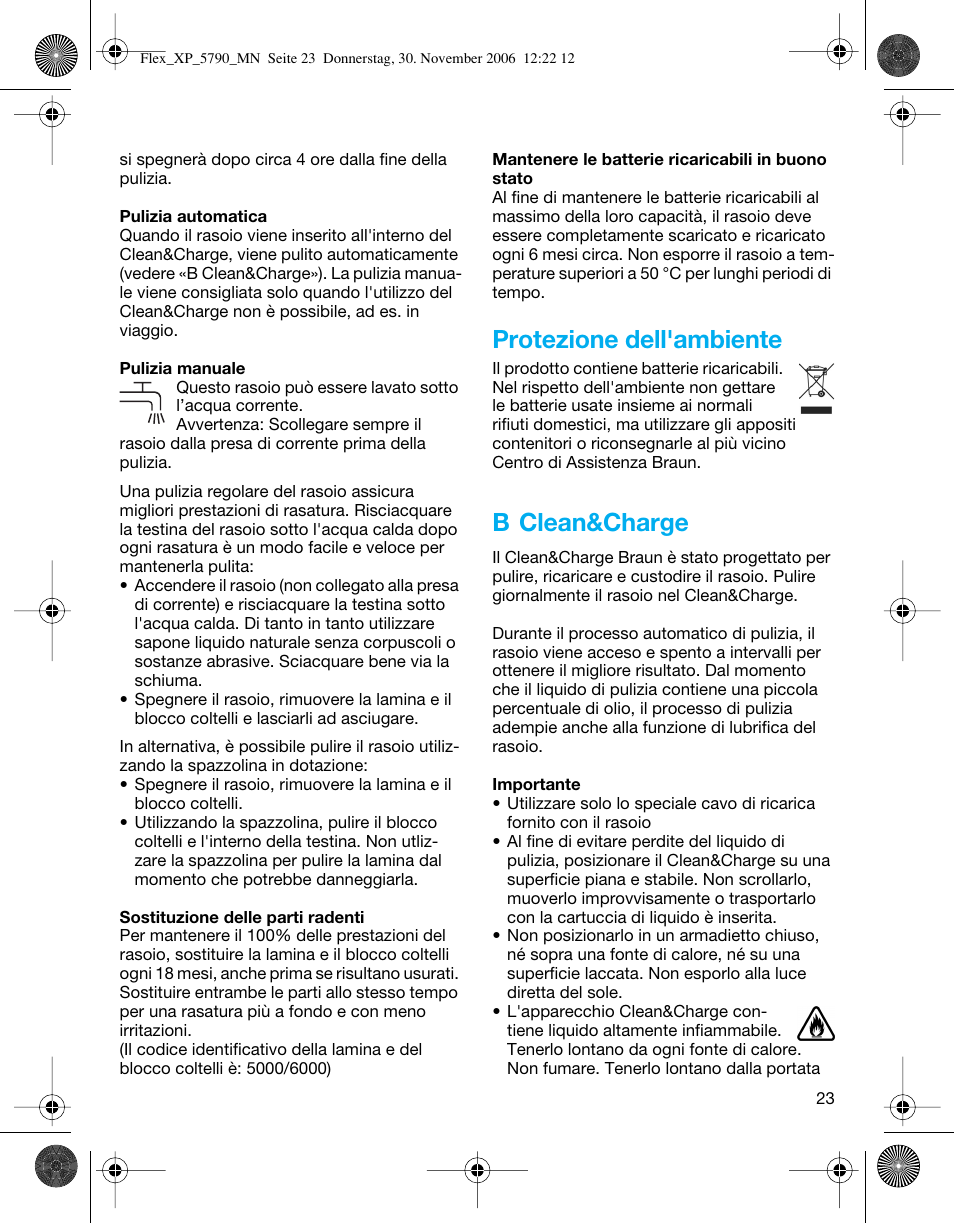 Protezione dell'ambiente, B clean&charge | Braun 5790 Flex XP II System User Manual | Page 22 / 49