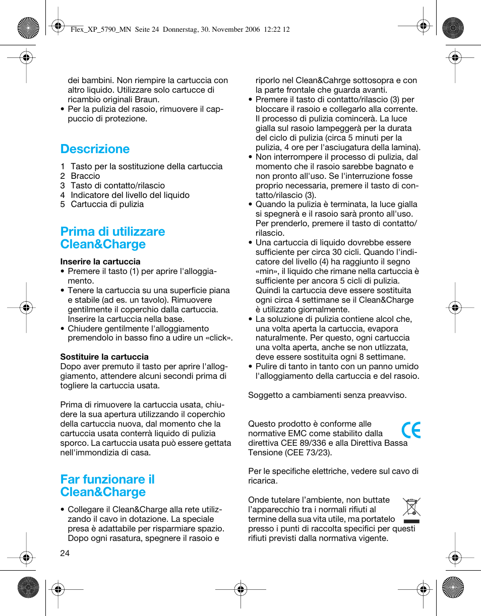 Descrizione, Prima di utilizzare clean&charge, Far funzionare il clean&charge | Braun 5790 Flex XP II System User Manual | Page 23 / 49