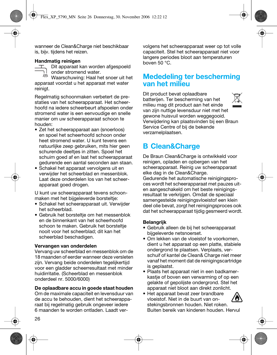 Mededeling ter bescherming van het milieu, B clean&charge | Braun 5790 Flex XP II System User Manual | Page 25 / 49