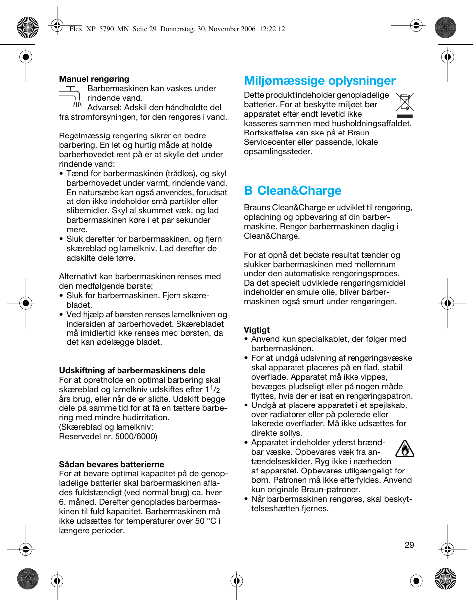 Miljømæssige oplysninger, B clean&charge | Braun 5790 Flex XP II System User Manual | Page 28 / 49